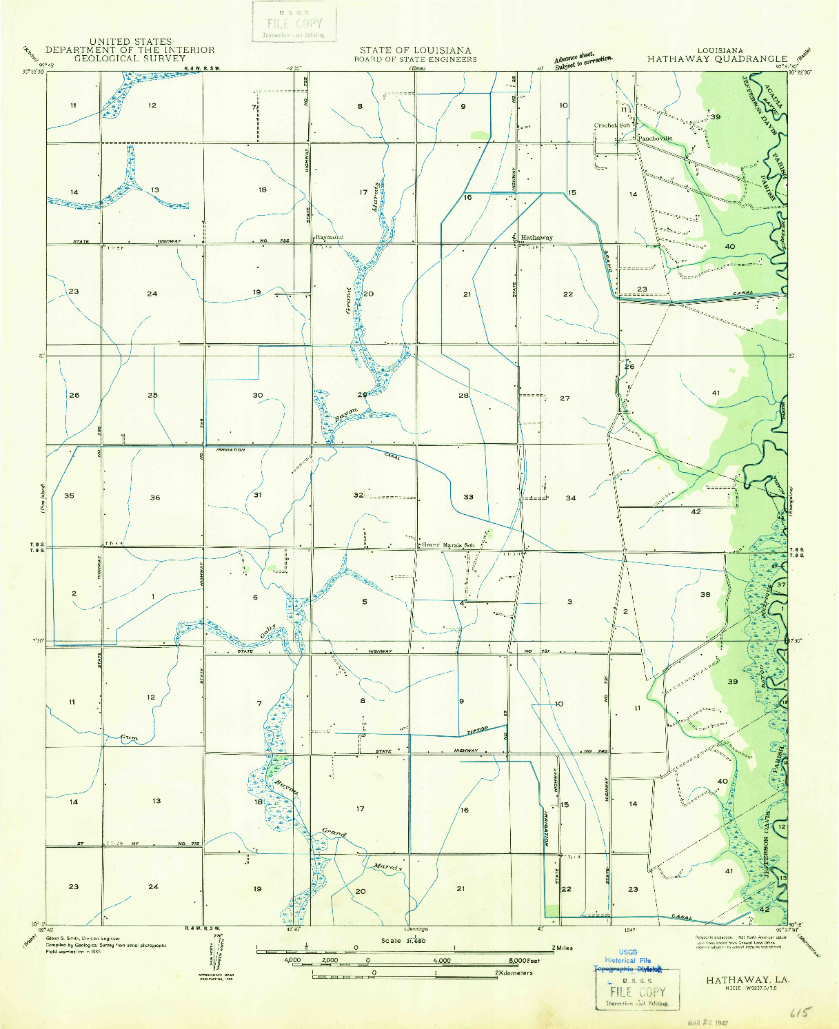 USGS 1:31680-SCALE QUADRANGLE FOR HATHAWAY, LA 1947