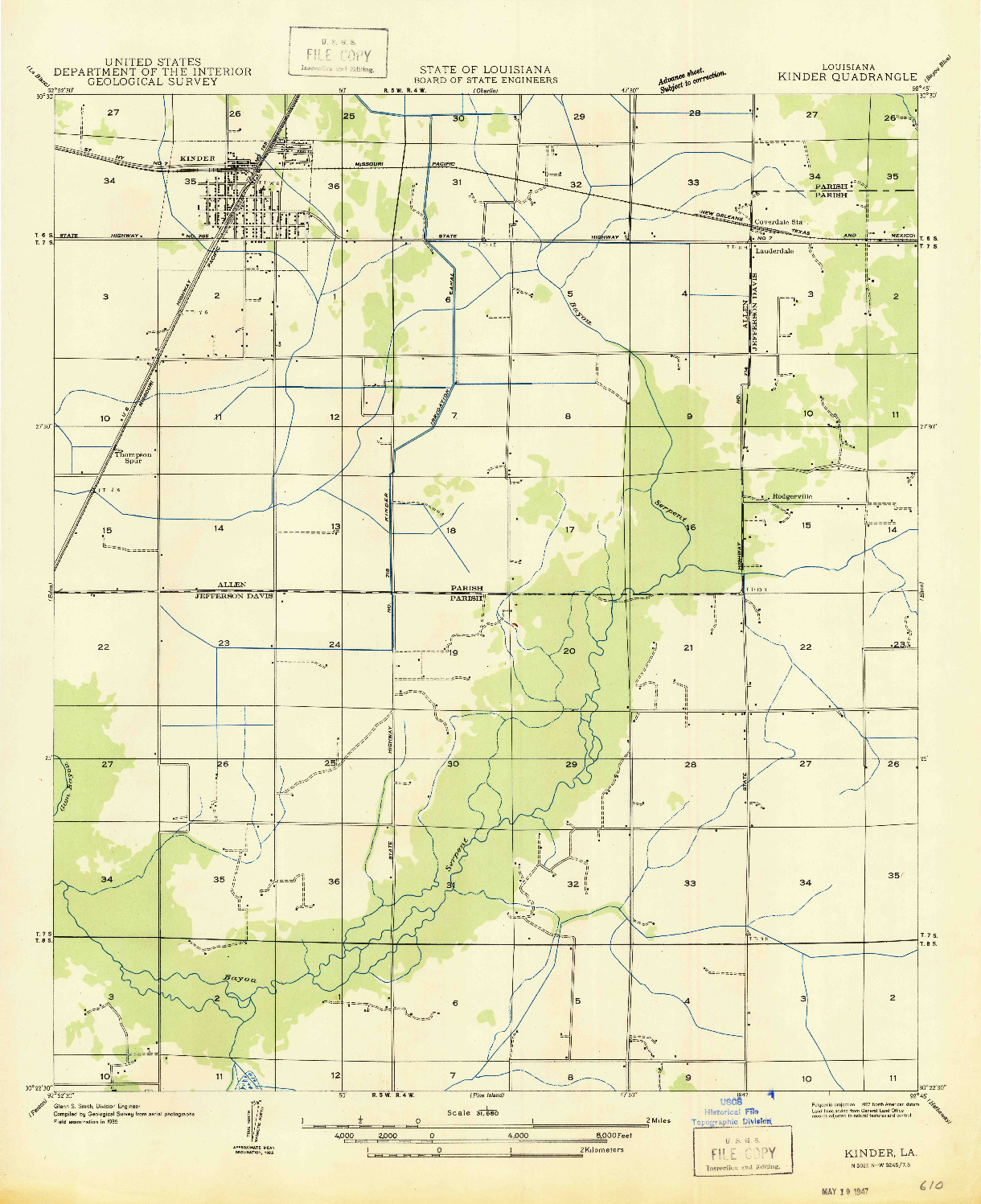 USGS 1:31680-SCALE QUADRANGLE FOR KINDER, LA 1947