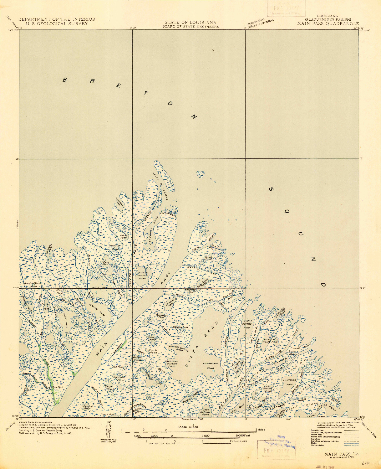 USGS 1:31680-SCALE QUADRANGLE FOR MAIN PASS, LA 1947