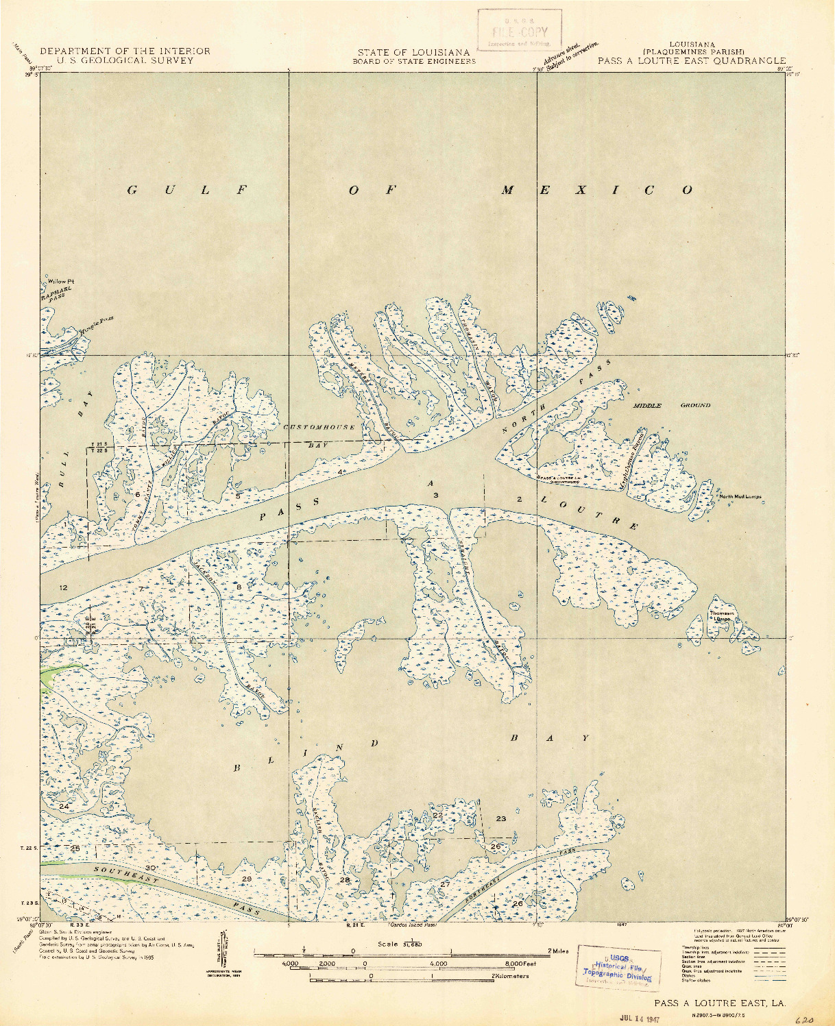 USGS 1:31680-SCALE QUADRANGLE FOR PASS A LOUTRE EAST, LA 1947