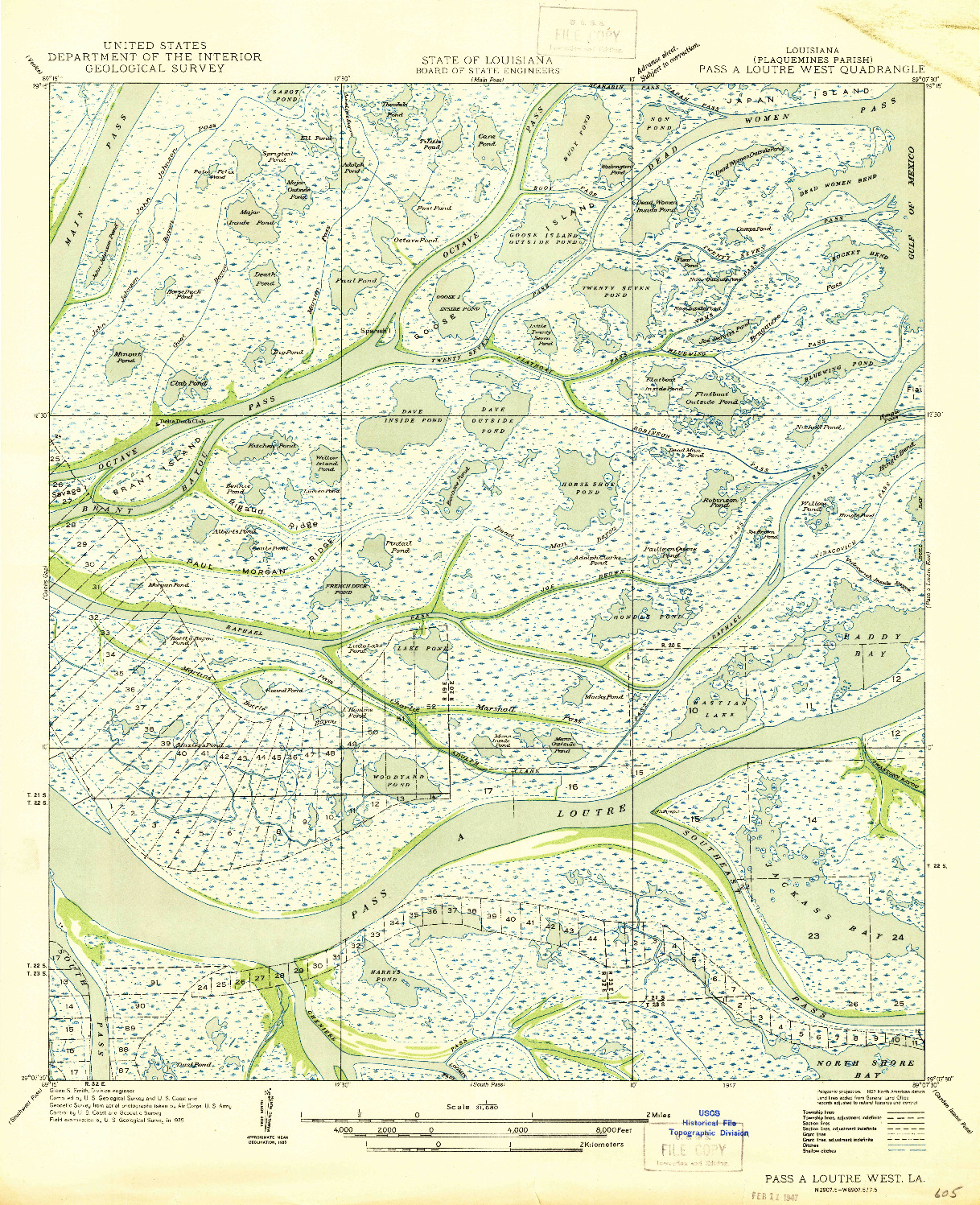 USGS 1:31680-SCALE QUADRANGLE FOR PASS A LOUTRE WEST, LA 1947