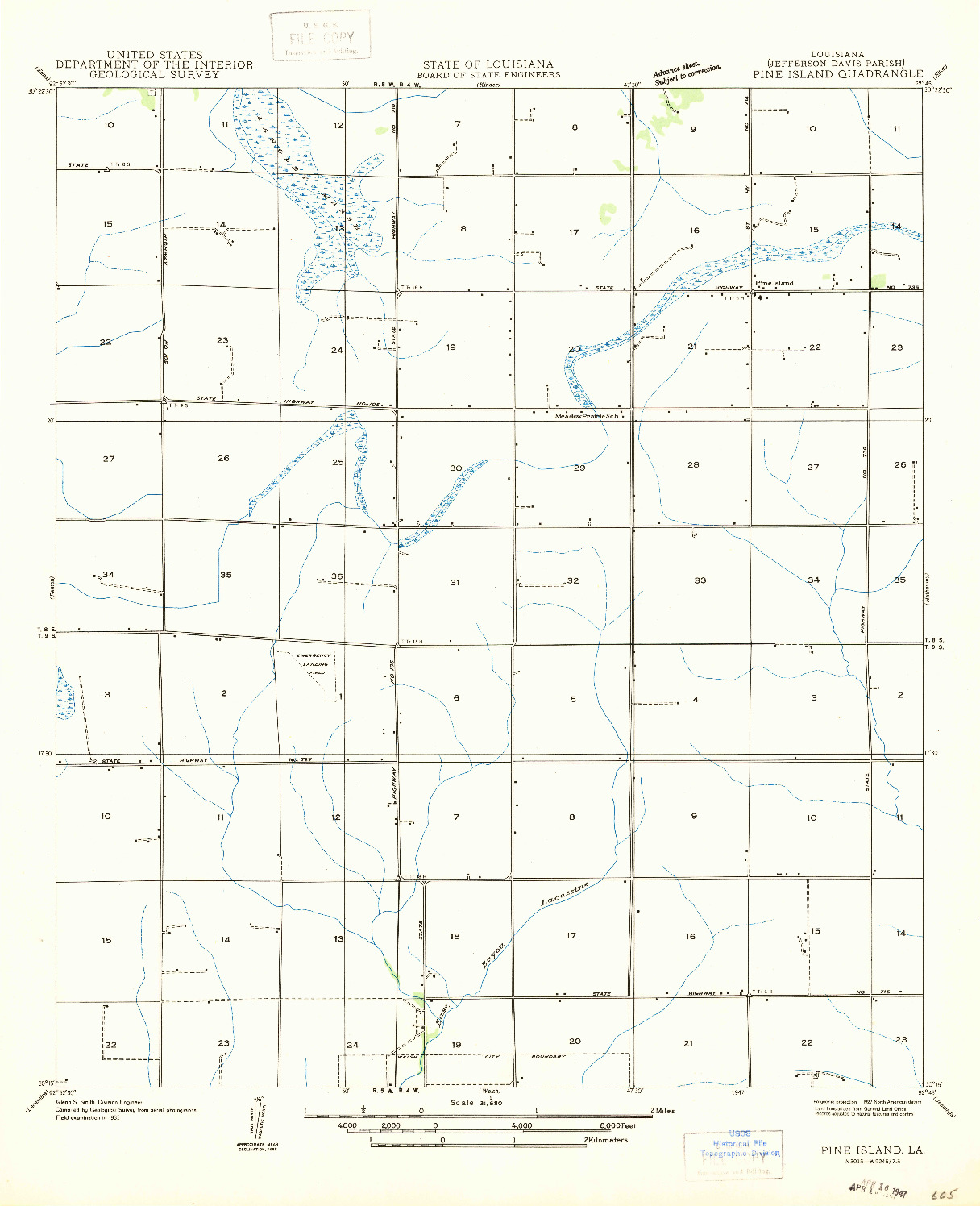 USGS 1:31680-SCALE QUADRANGLE FOR PINE ISLAND, LA 1947