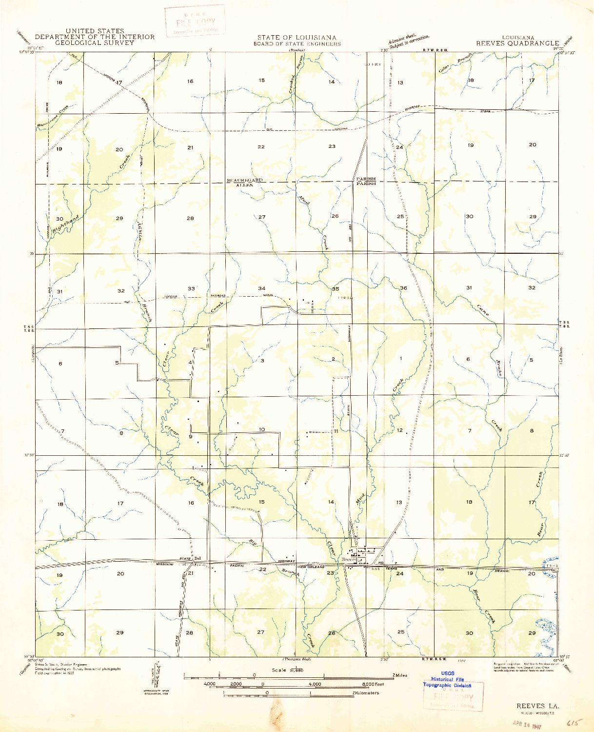 USGS 1:31680-SCALE QUADRANGLE FOR REEVES, LA 1947