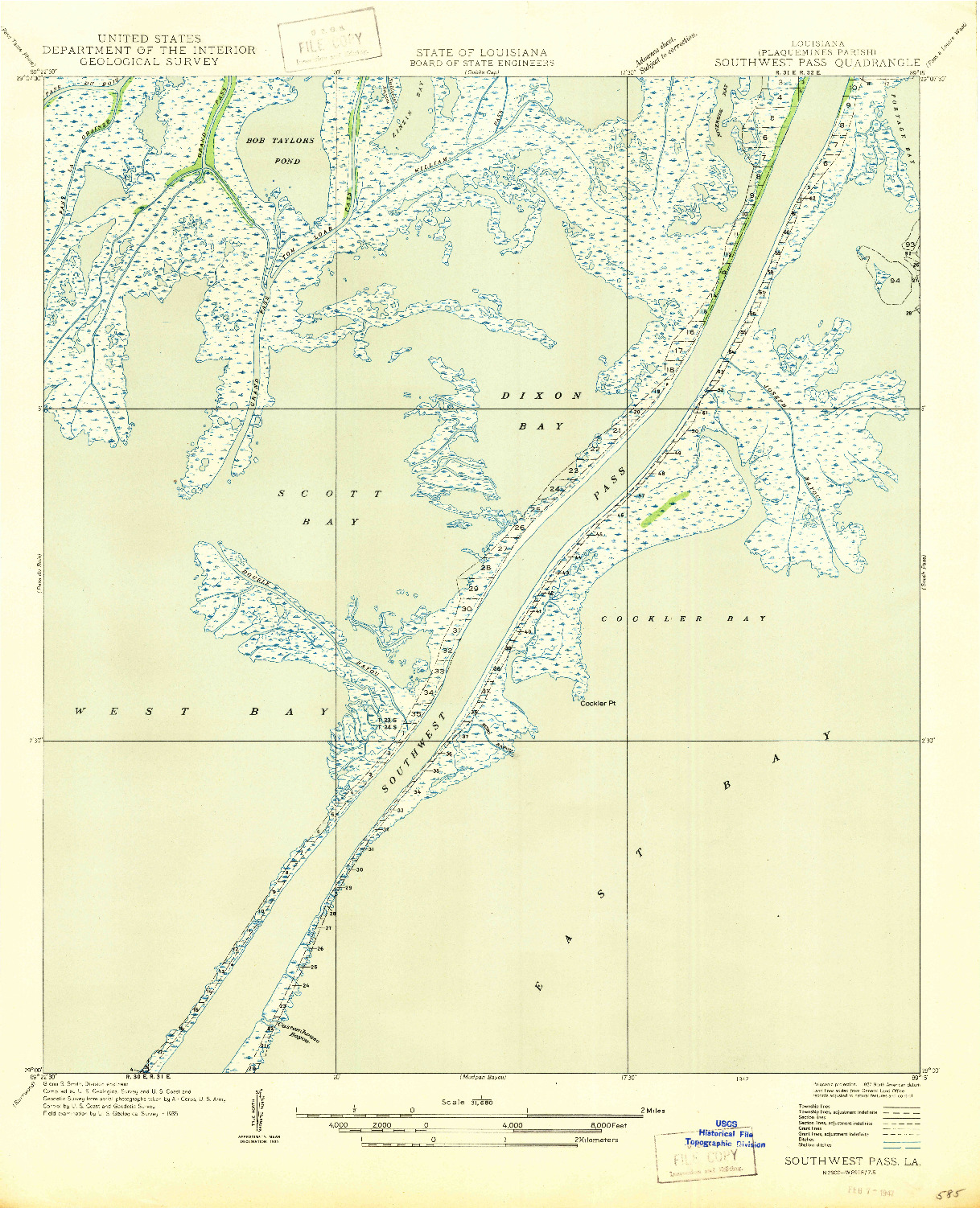 USGS 1:31680-SCALE QUADRANGLE FOR SOUTHWEST PASS, LA 1947