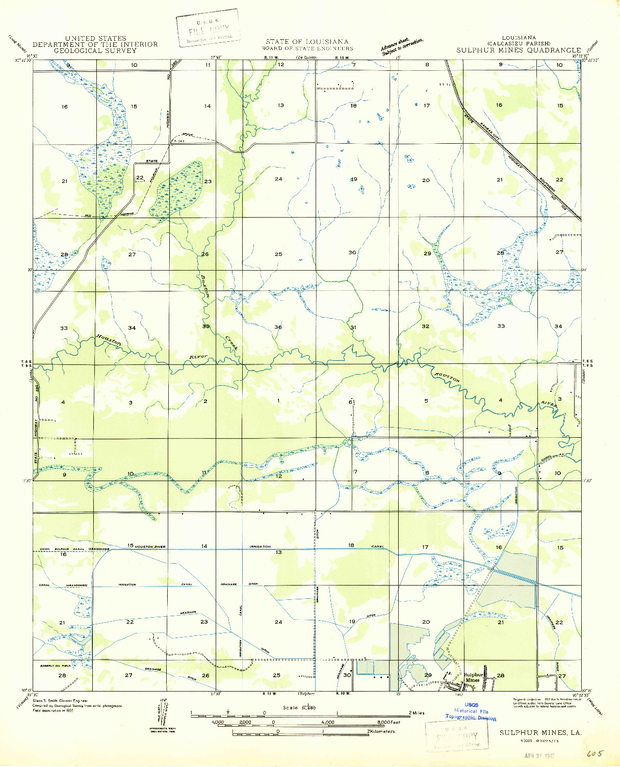 USGS 1:31680-SCALE QUADRANGLE FOR SULPHUR MINES, LA 1947