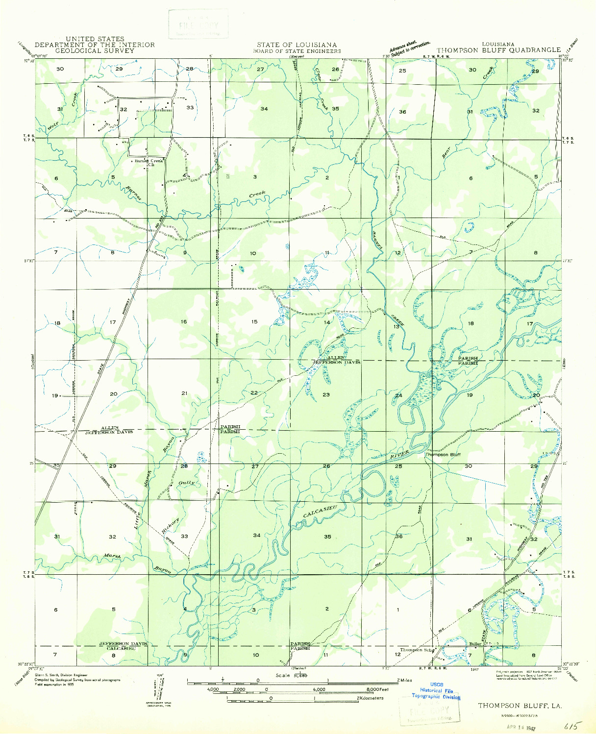 USGS 1:31680-SCALE QUADRANGLE FOR THOMPSON BLUFF, LA 1947