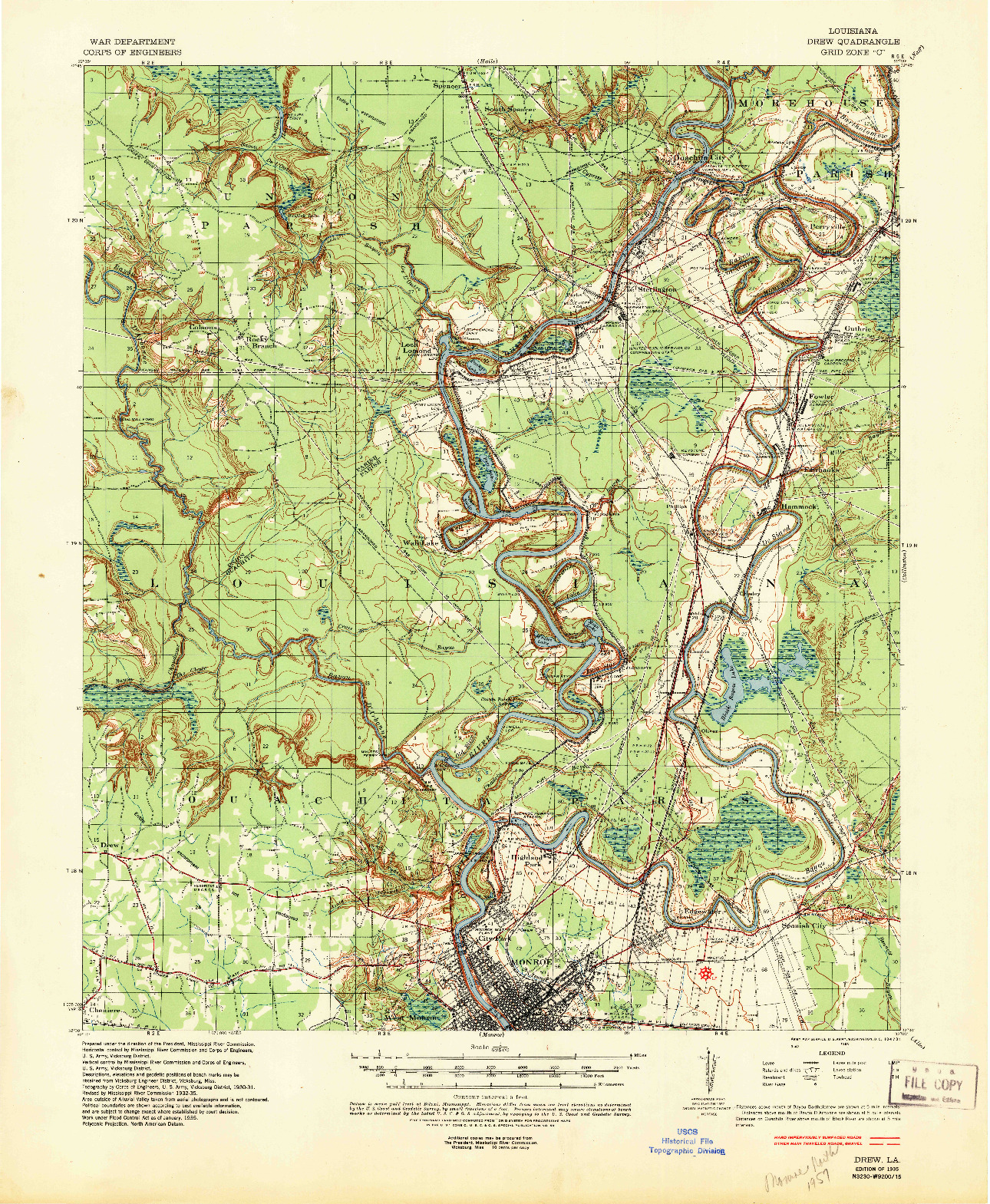 USGS 1:62500-SCALE QUADRANGLE FOR DREW, LA 1935