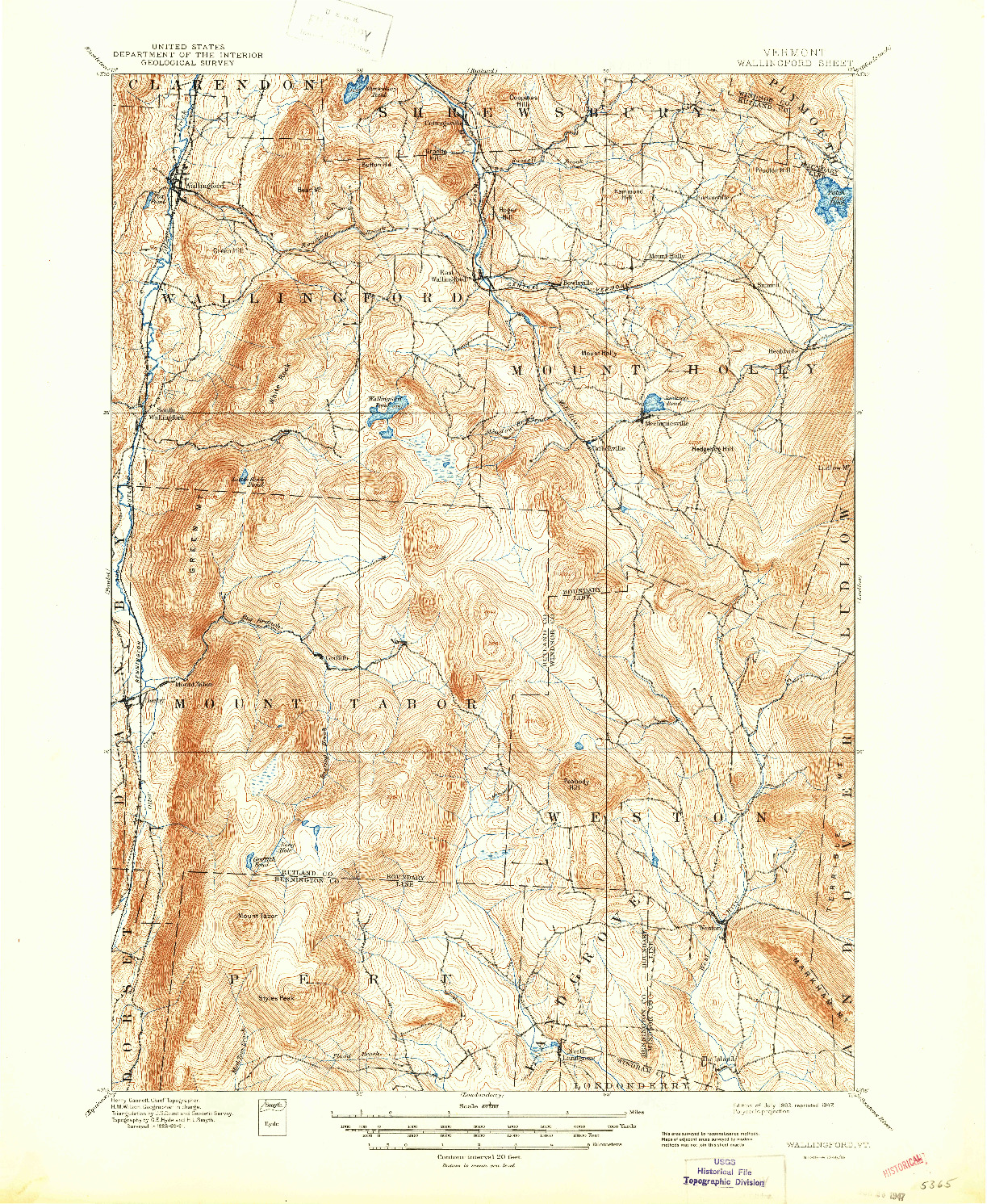 USGS 1:62500-SCALE QUADRANGLE FOR WALLINGFORD, VT 1893