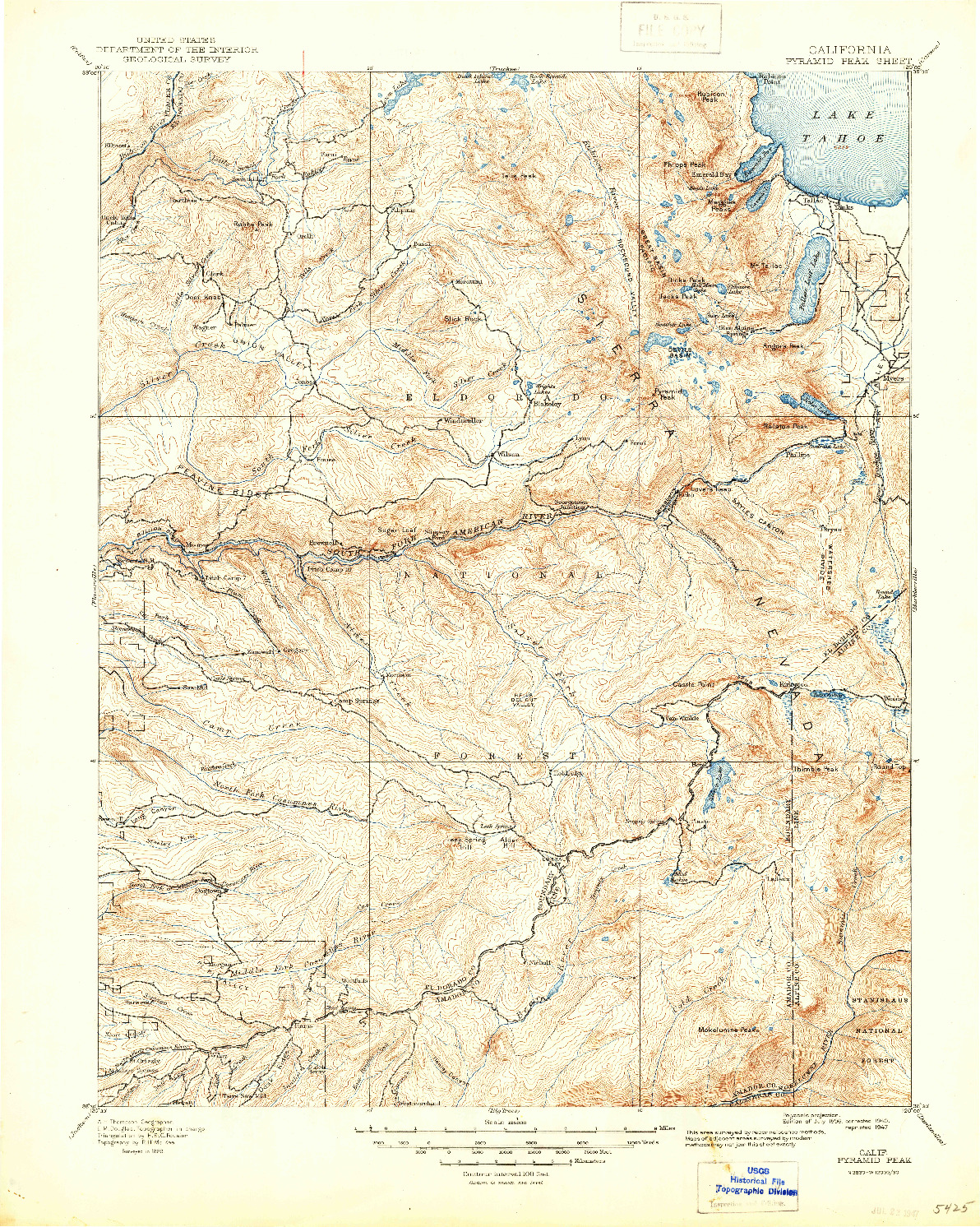 USGS 1:125000-SCALE QUADRANGLE FOR PYRAMID PEAK, CA 1896