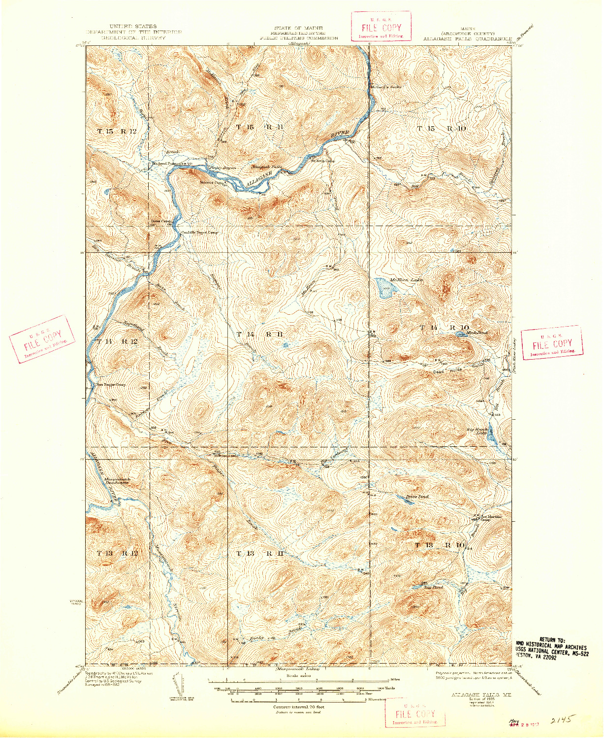 USGS 1:62500-SCALE QUADRANGLE FOR ALLAGASH FALLS, ME 1935