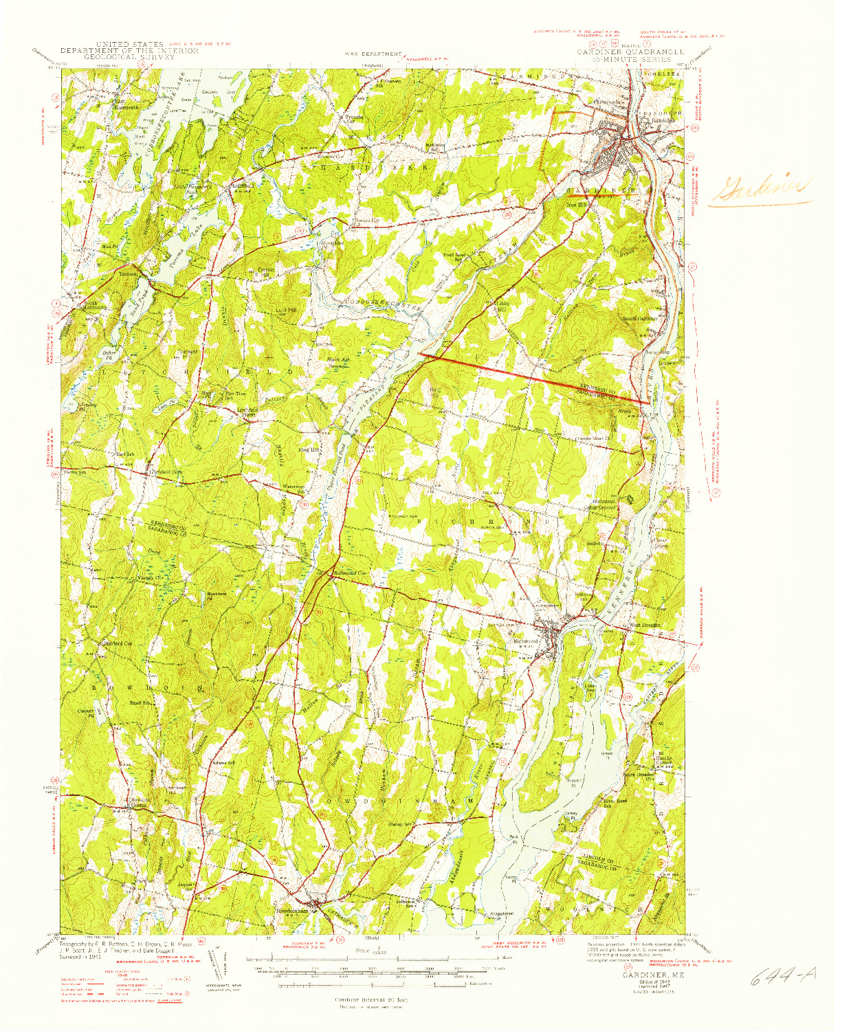 USGS 1:62500-SCALE QUADRANGLE FOR GARDINER, ME 1943