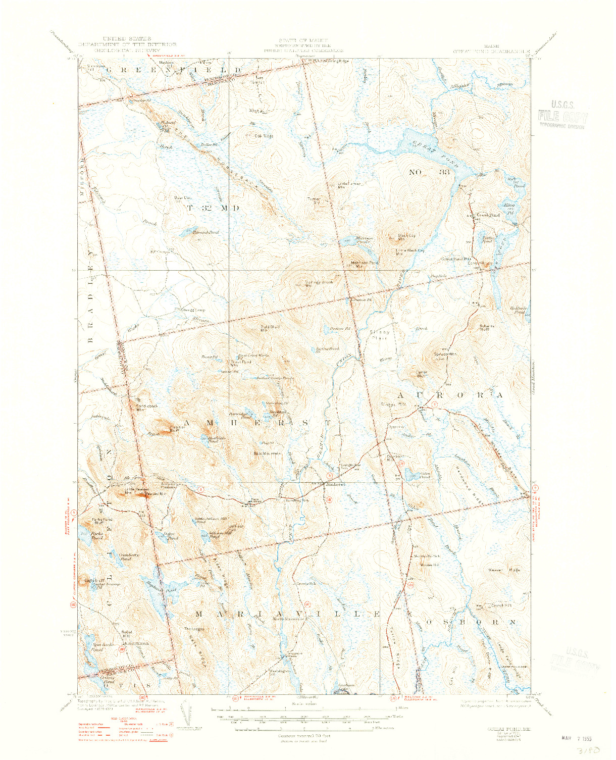 USGS 1:62500-SCALE QUADRANGLE FOR GREAT POND, ME 1932