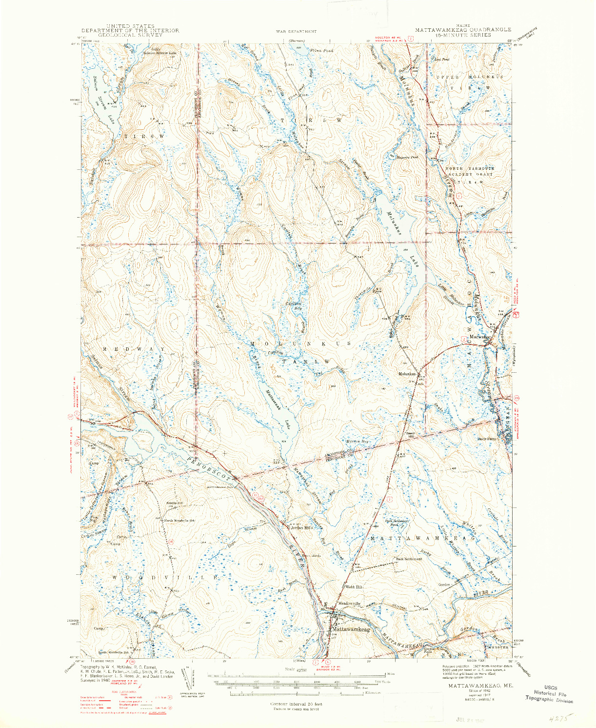 USGS 1:62500-SCALE QUADRANGLE FOR MATTAWAMKEAG, ME 1942