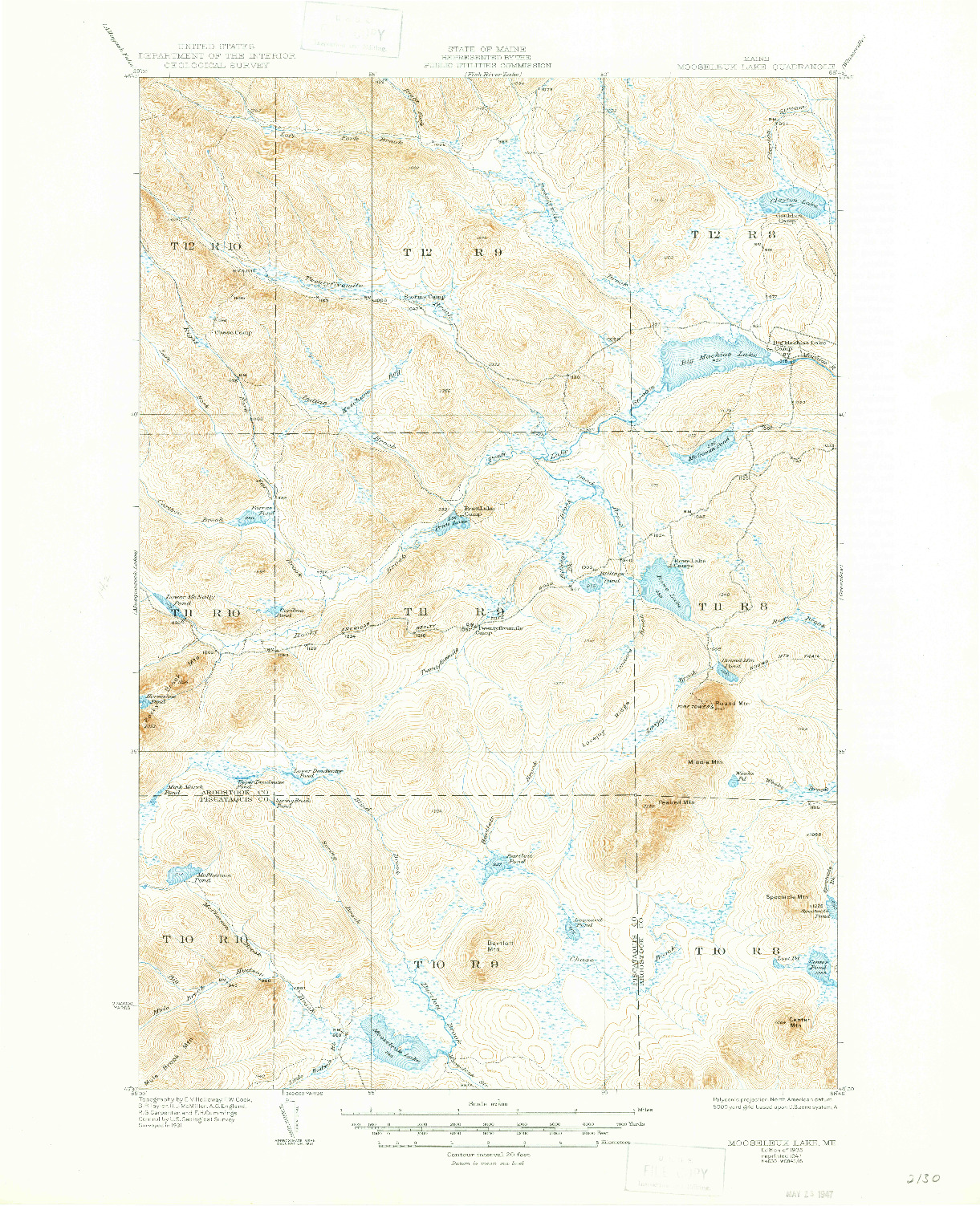 USGS 1:62500-SCALE QUADRANGLE FOR MOOSELEUK LAKE, ME 1935