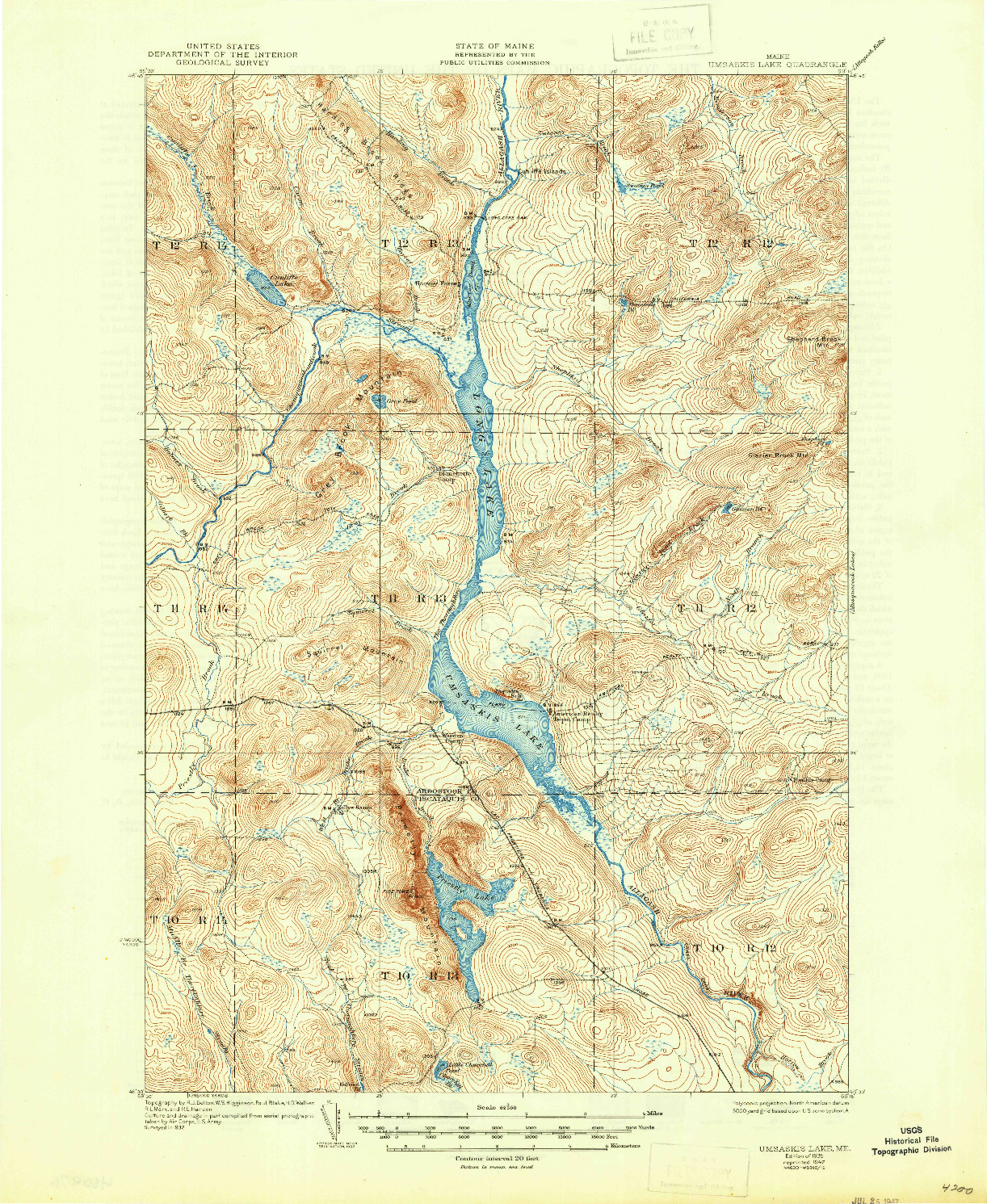 USGS 1:62500-SCALE QUADRANGLE FOR UMSASKIS LAKE, ME 1935