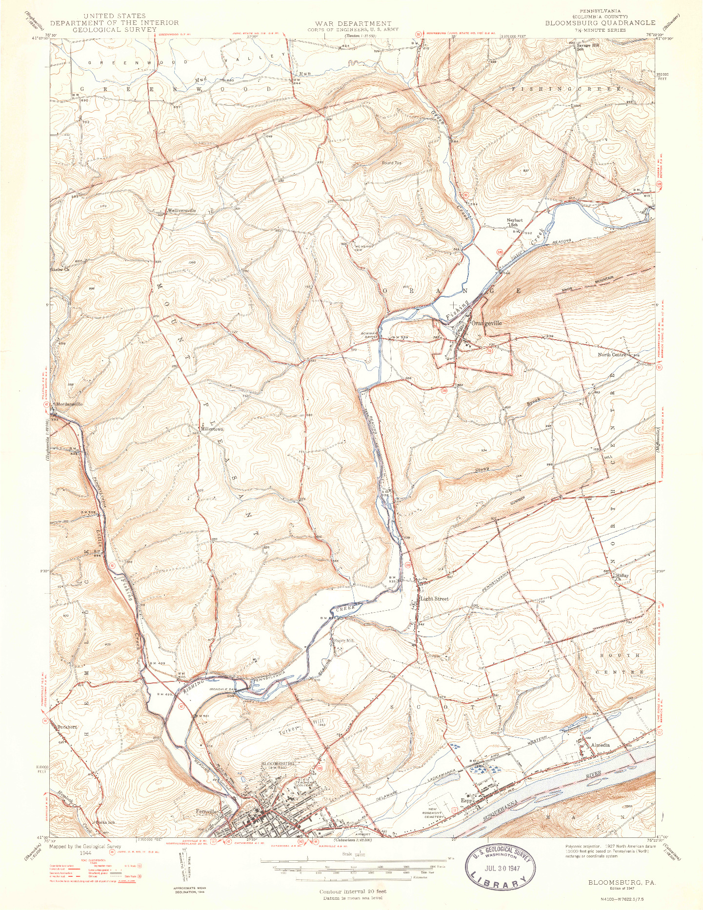 USGS 1:24000-SCALE QUADRANGLE FOR BLOOMSBURG, PA 1947