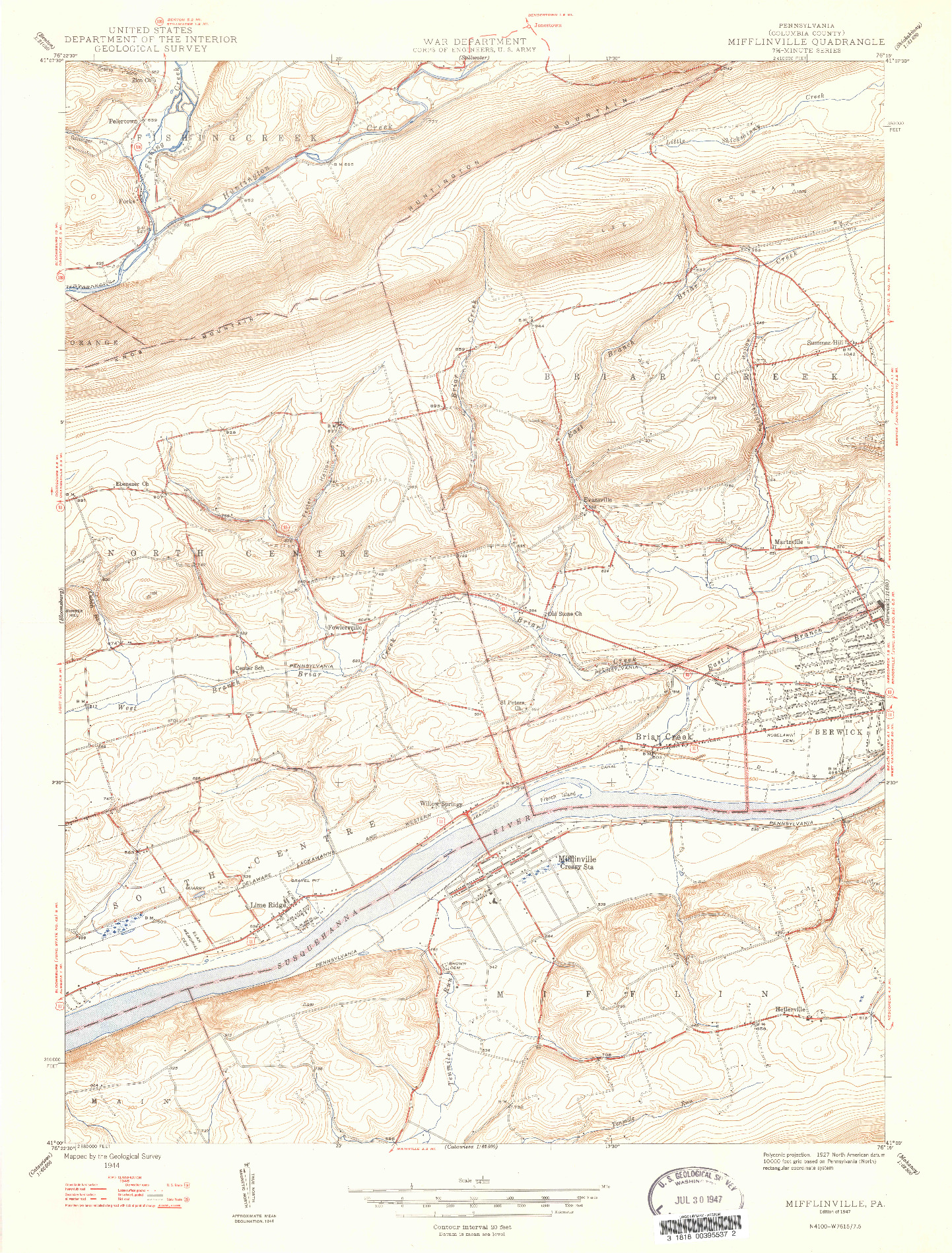 USGS 1:24000-SCALE QUADRANGLE FOR MIFFLINVILLE, PA 1947