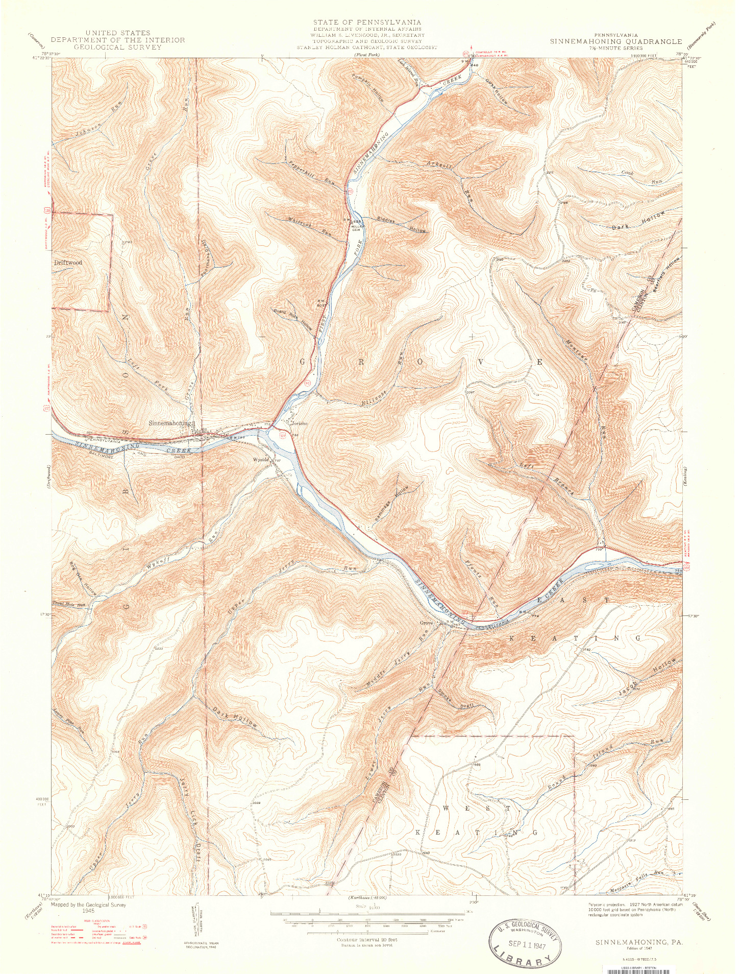 USGS 1:24000-SCALE QUADRANGLE FOR SINNEMAHONING, PA 1947