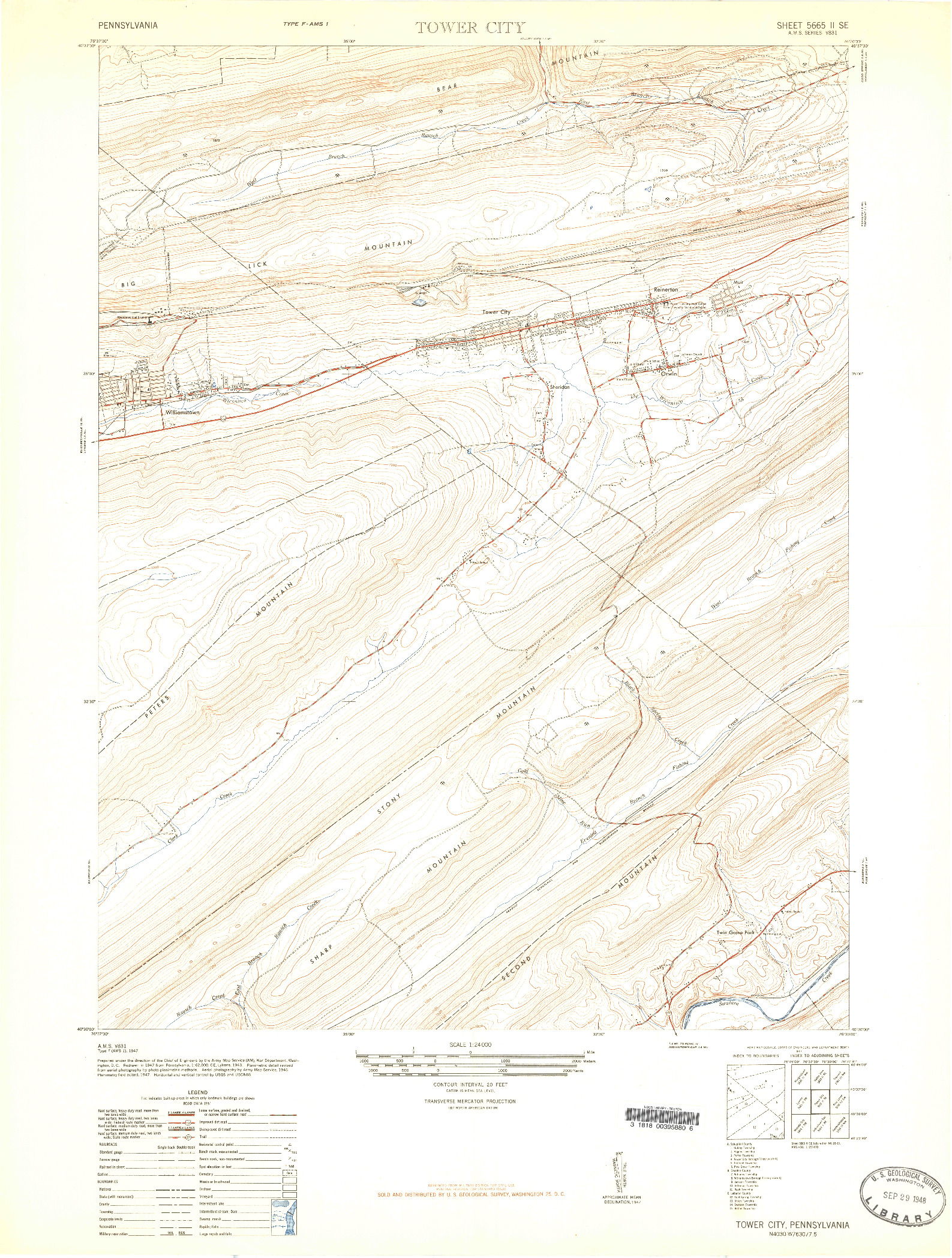 USGS 1:24000-SCALE QUADRANGLE FOR TOWER CITY, PA 1947