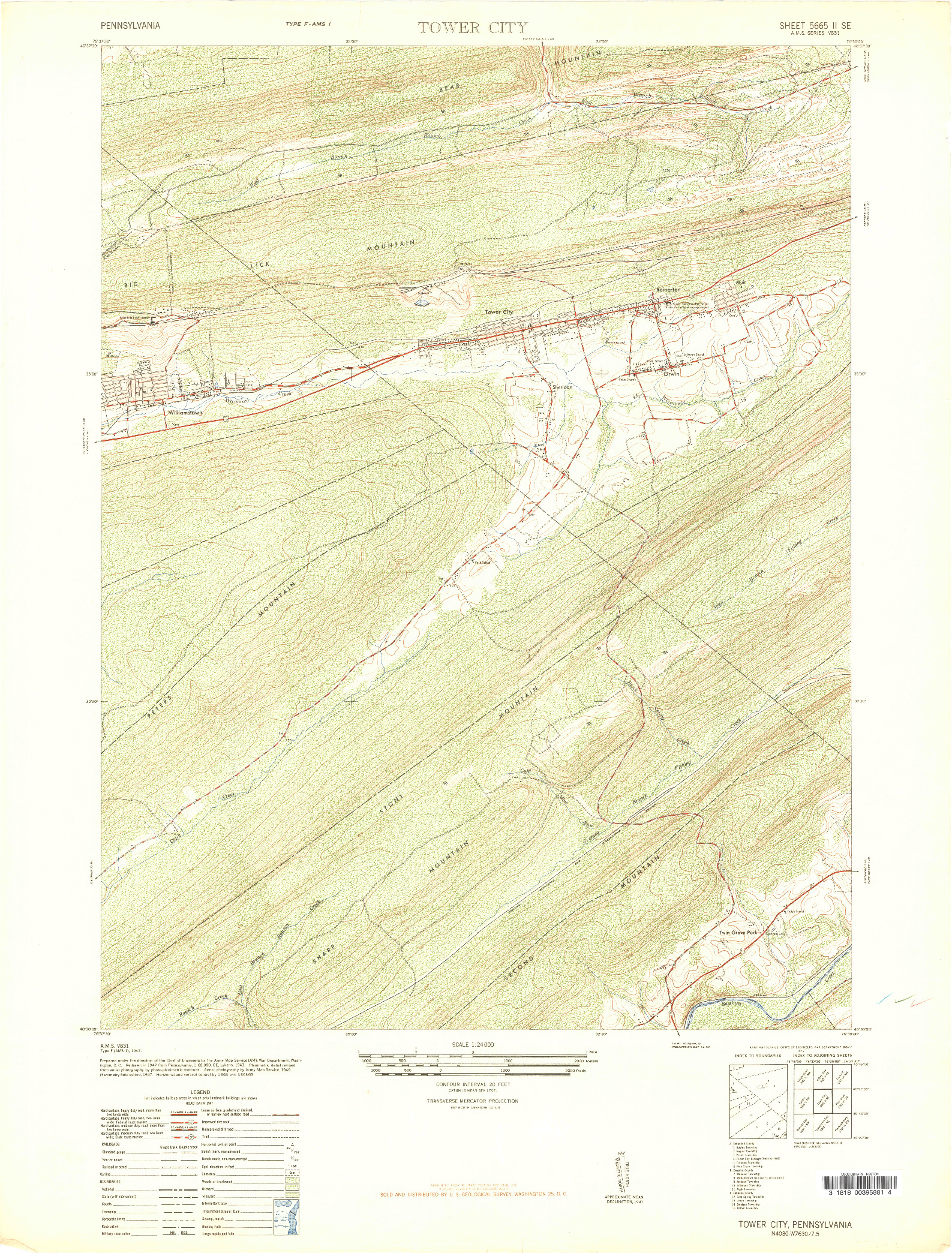 USGS 1:24000-SCALE QUADRANGLE FOR TOWER CITY, PA 1947