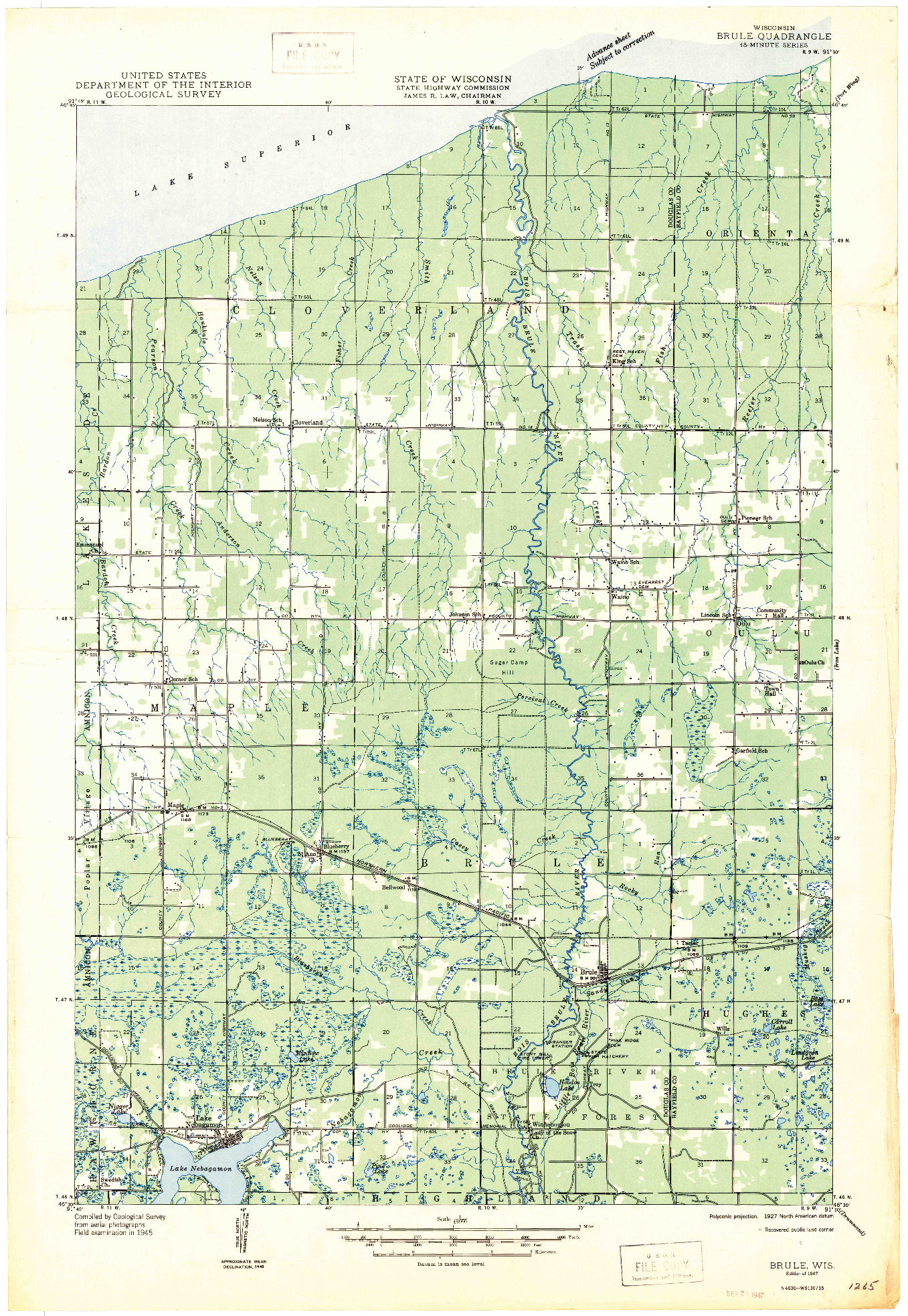 USGS 1:48000-SCALE QUADRANGLE FOR BRULE, WI 1947