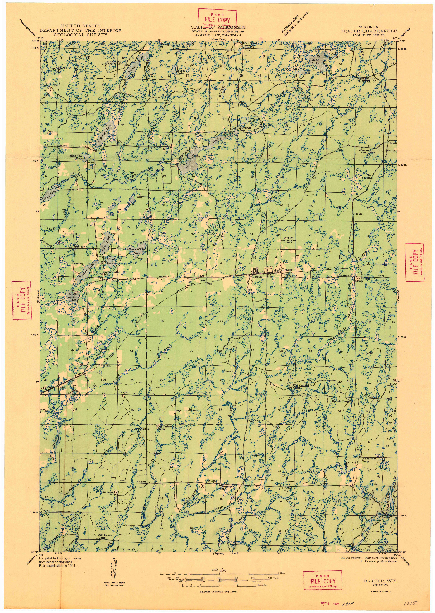 USGS 1:48000-SCALE QUADRANGLE FOR DRAPER, WI 1947