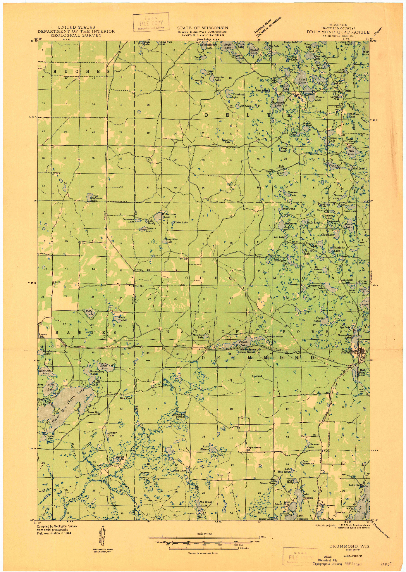 USGS 1:48000-SCALE QUADRANGLE FOR DRUMMOND, WI 1947