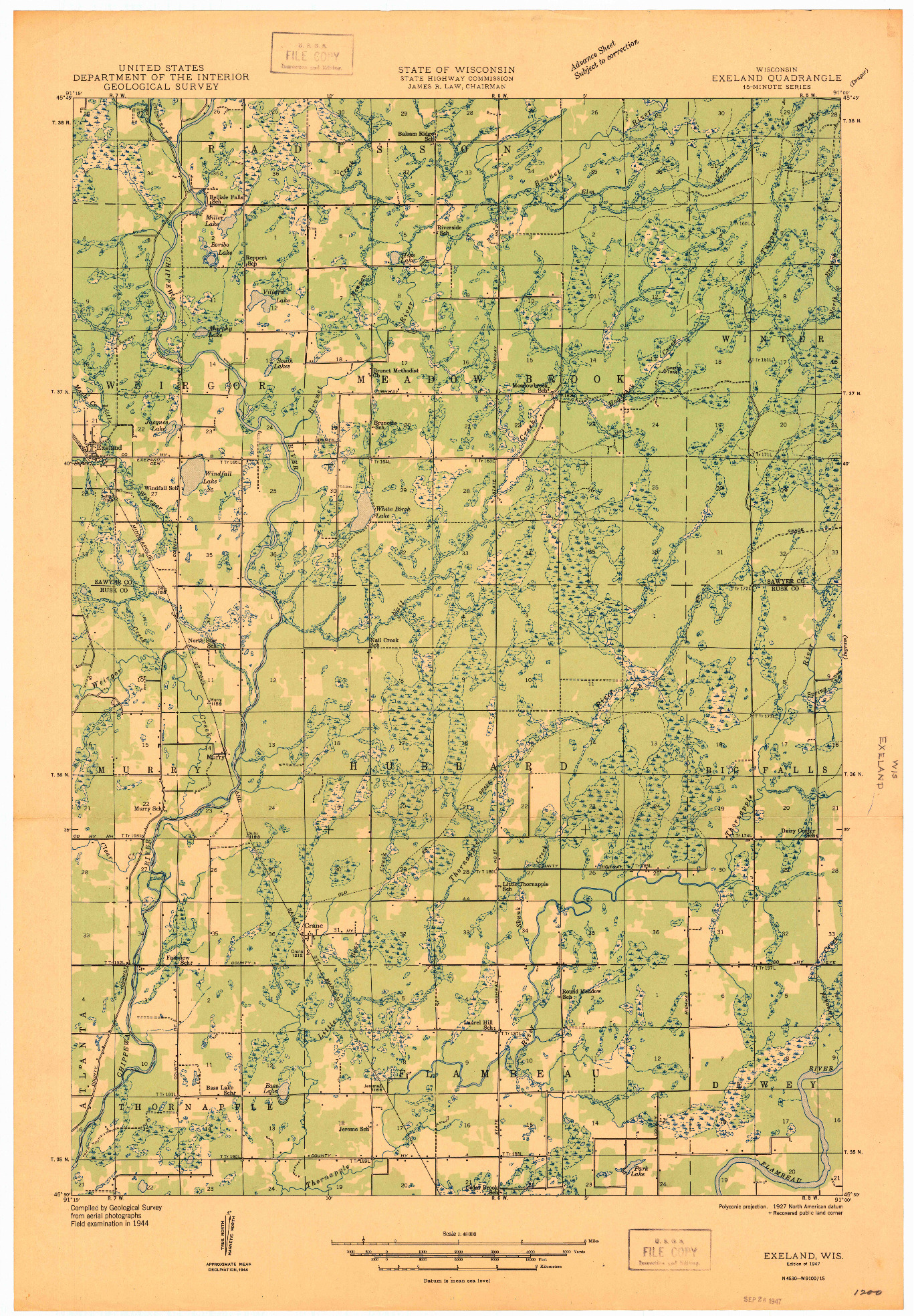 USGS 1:48000-SCALE QUADRANGLE FOR EXELAND, WI 1947