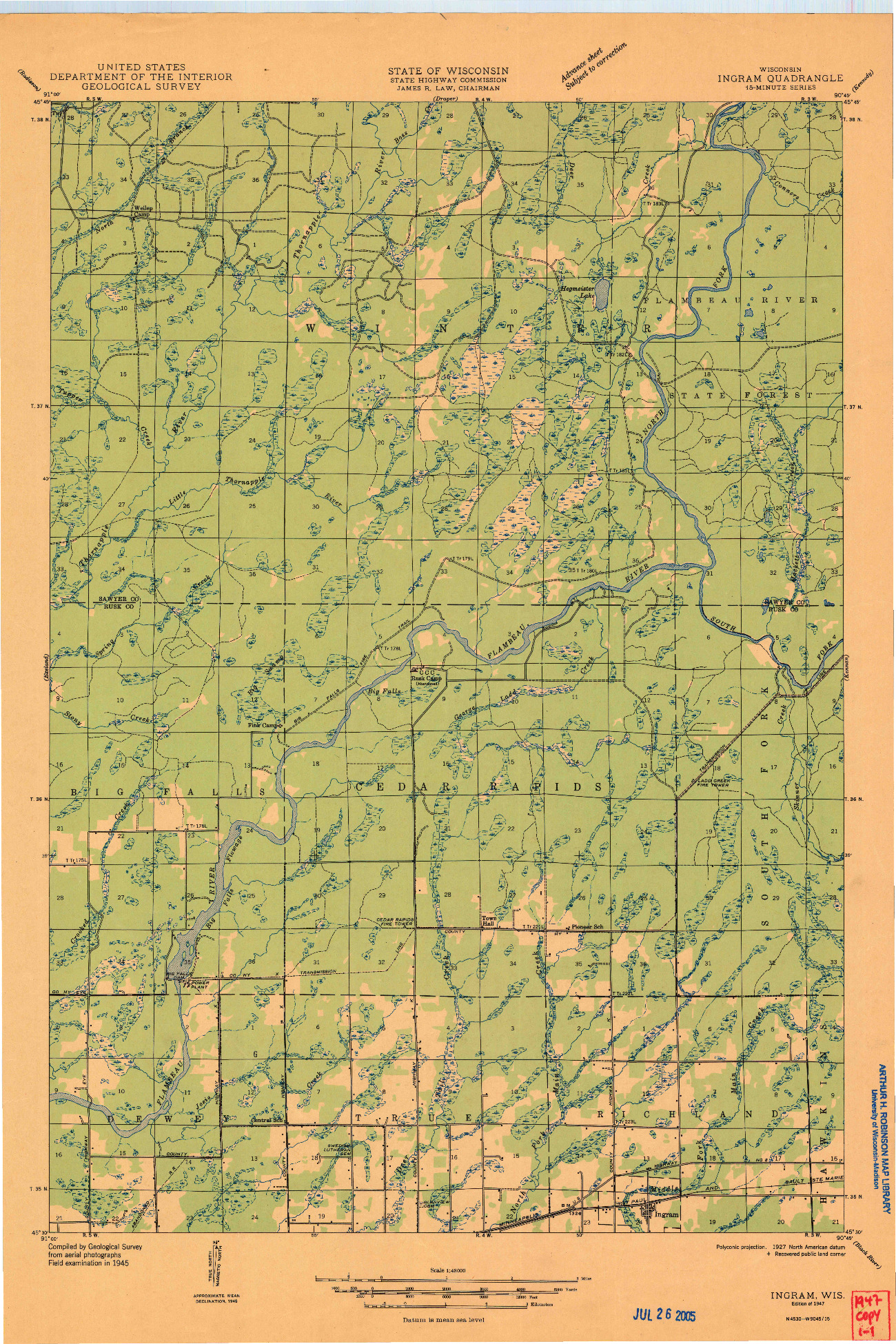 USGS 1:48000-SCALE QUADRANGLE FOR INGRAM, WI 1947