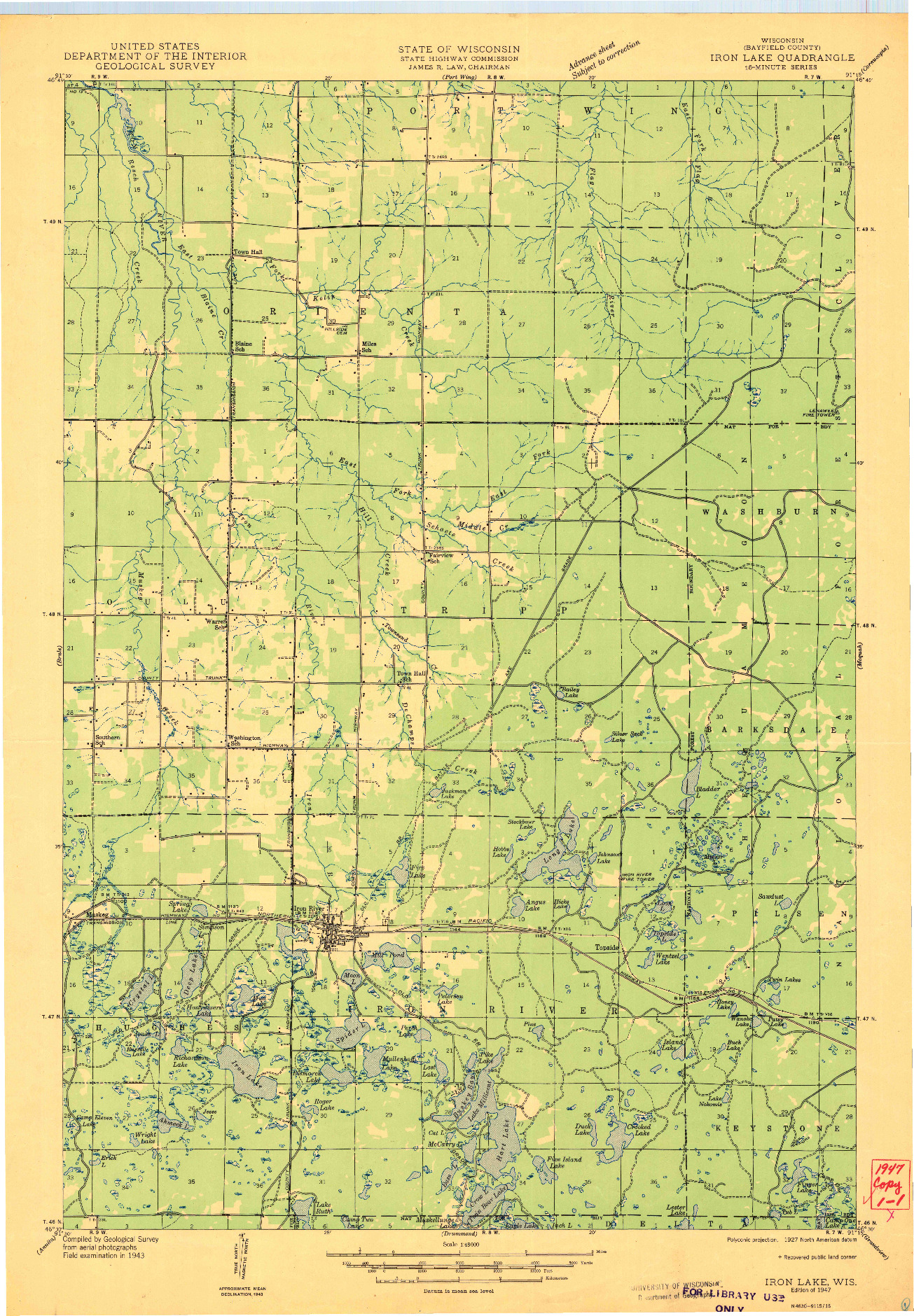 USGS 1:48000-SCALE QUADRANGLE FOR IRON LAKE, WI 1947