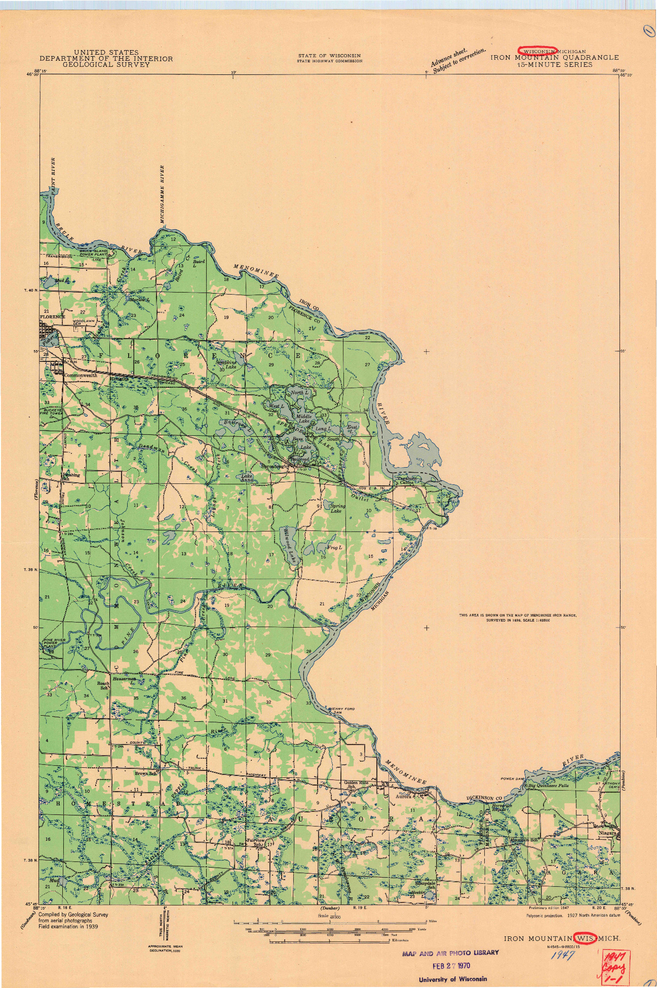 USGS 1:48000-SCALE QUADRANGLE FOR IRON MOUNTAIN, WI 1947