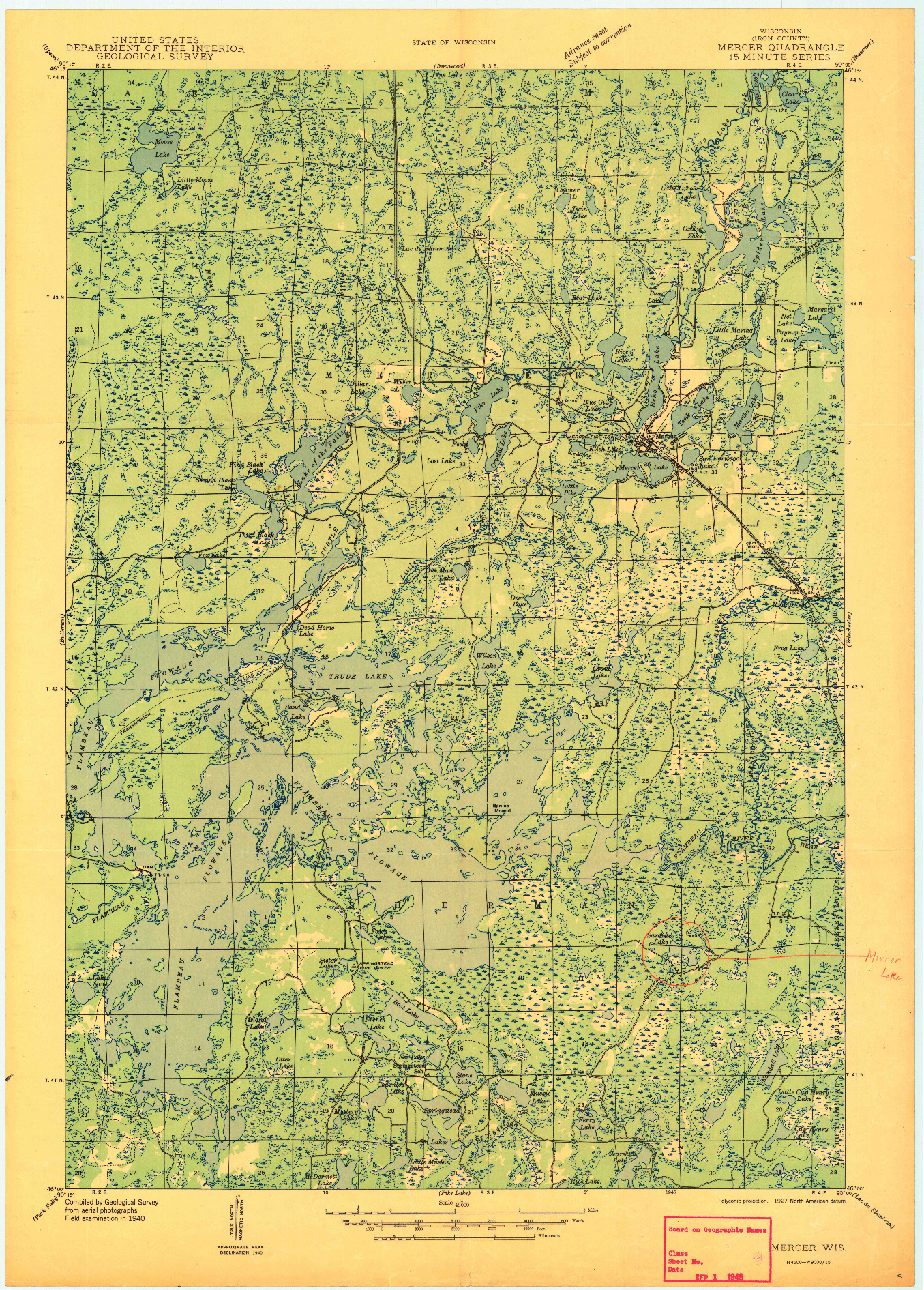 USGS 1:48000-SCALE QUADRANGLE FOR MERCER, WI 1947