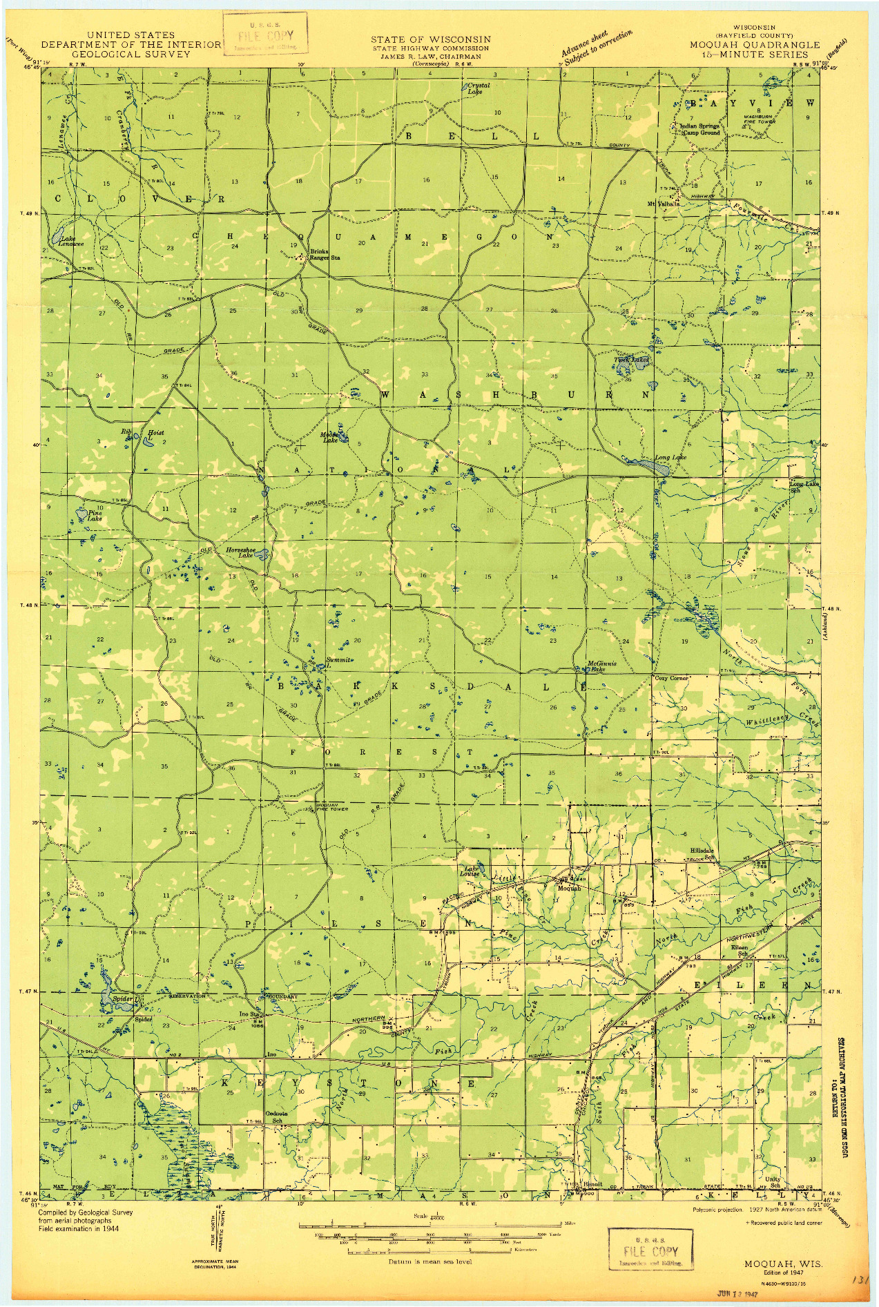 USGS 1:48000-SCALE QUADRANGLE FOR MOQUAH, WI 1947