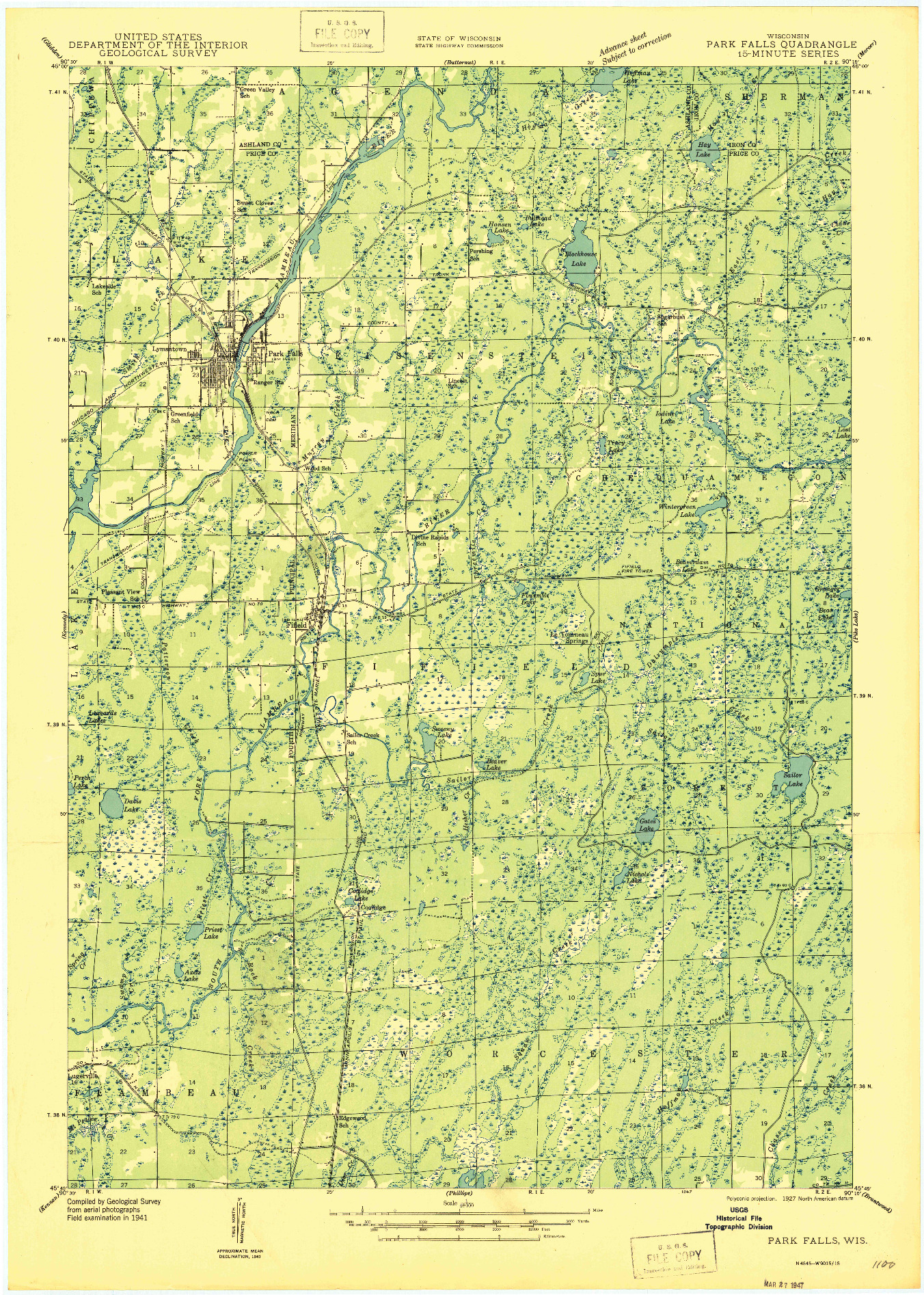 USGS 1:48000-SCALE QUADRANGLE FOR PARK FALLS, WI 1947