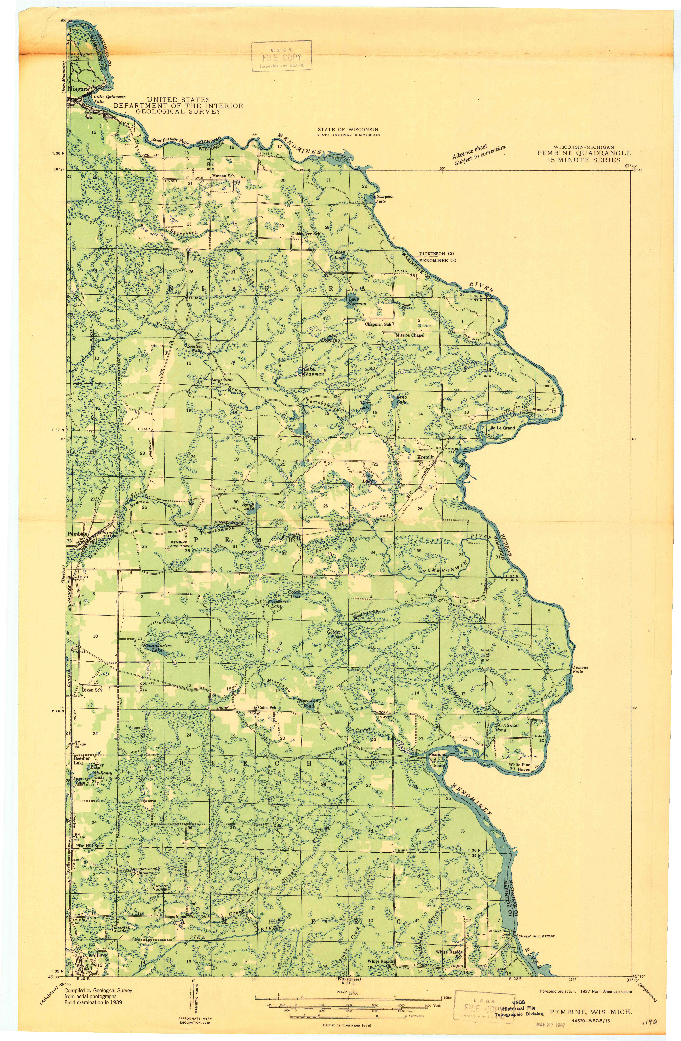 USGS 1:48000-SCALE QUADRANGLE FOR PEMBINE, WI 1947