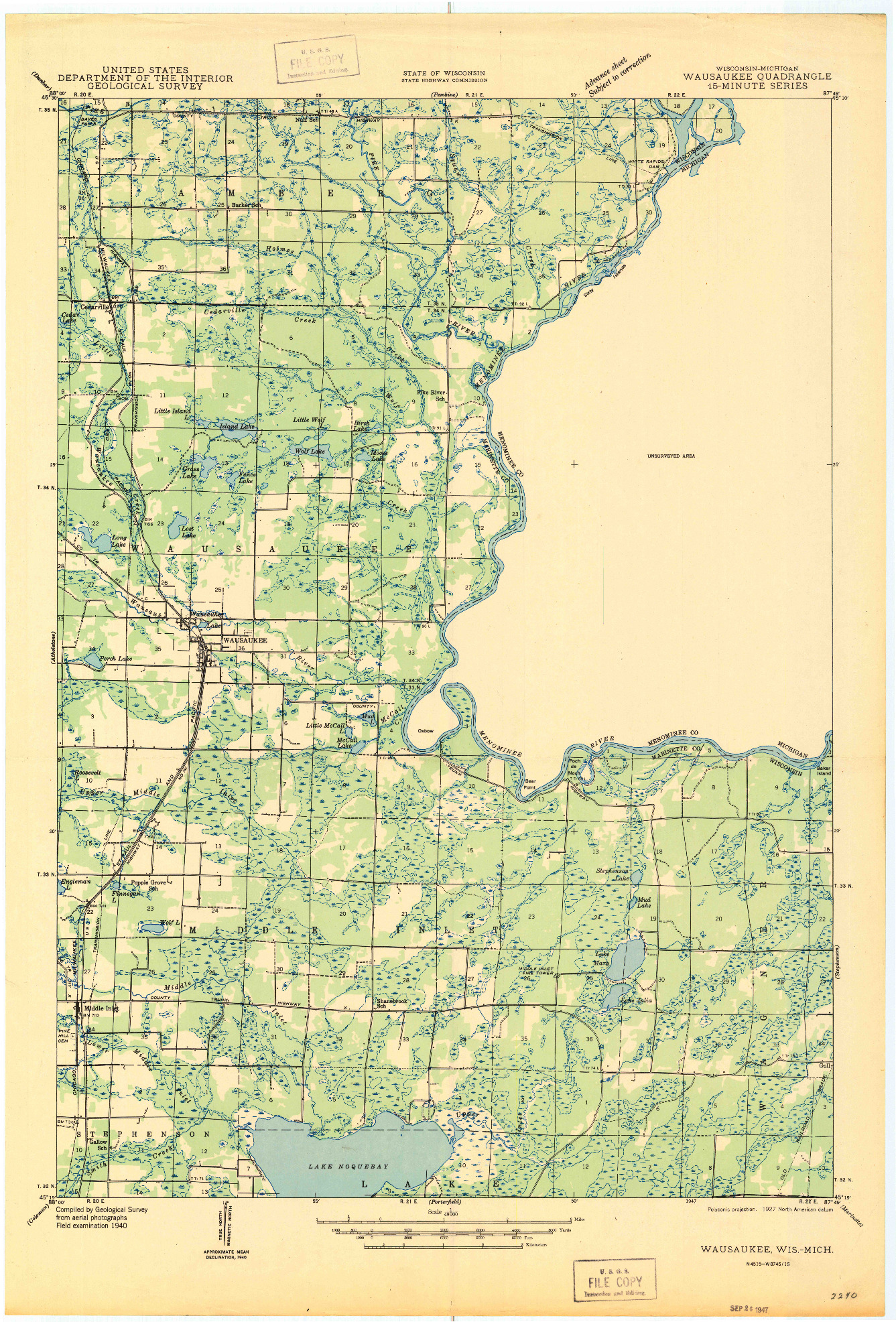 USGS 1:48000-SCALE QUADRANGLE FOR WAUSAUKEE, WI 1947