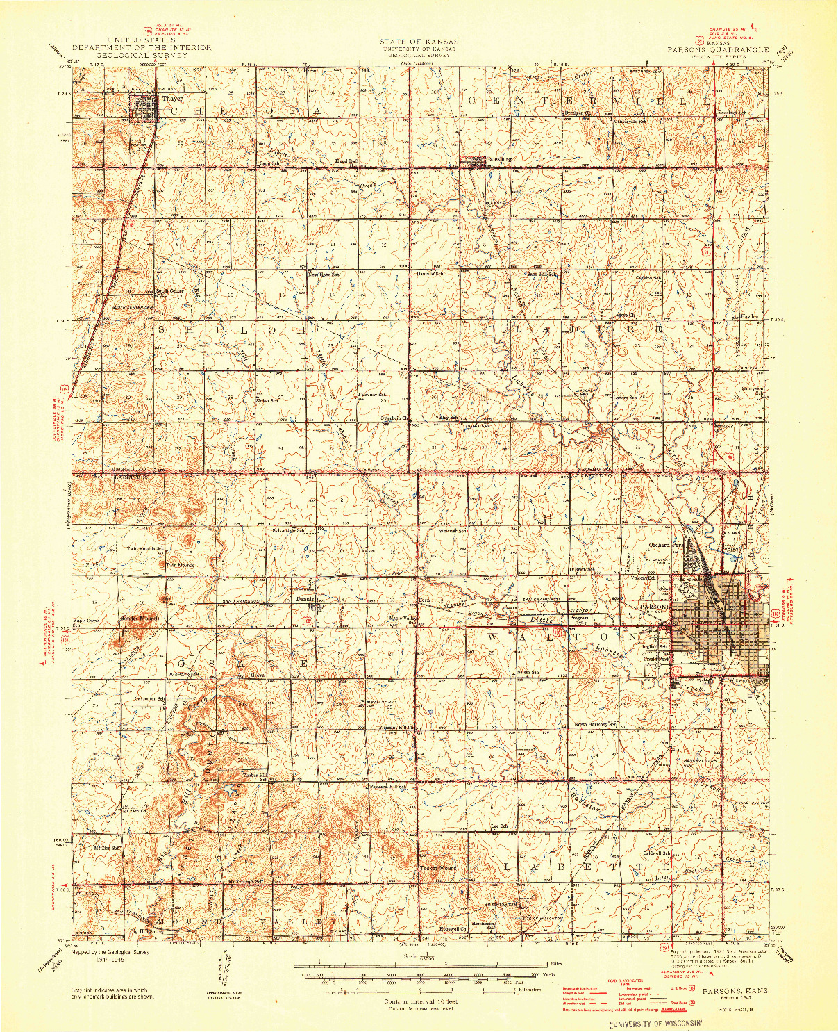 USGS 1:62500-SCALE QUADRANGLE FOR PARSONS, KS 1947