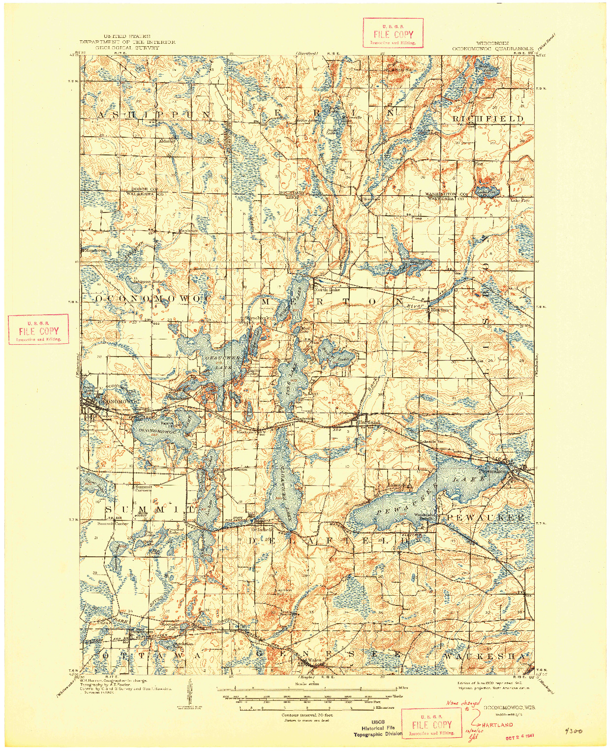 USGS 1:62500-SCALE QUADRANGLE FOR OCONOMOWOC, WI 1909