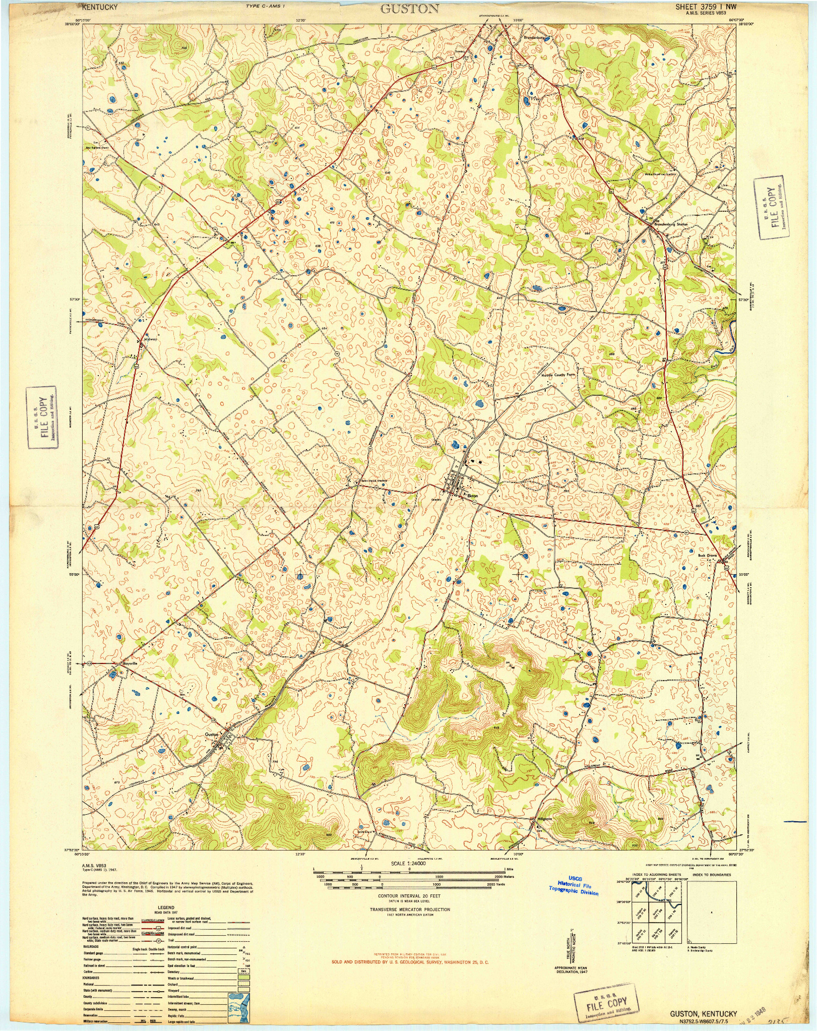 USGS 1:24000-SCALE QUADRANGLE FOR GUSTON, KY 1948