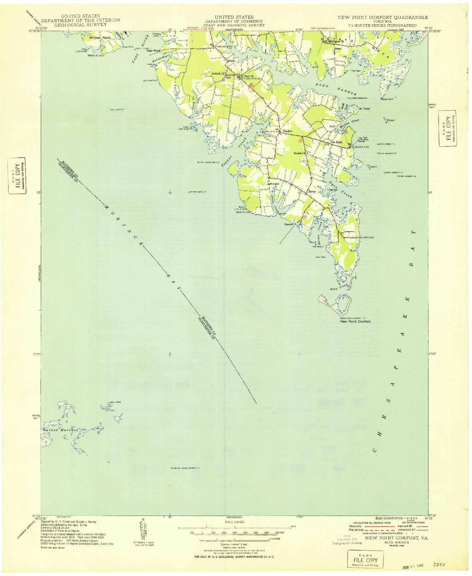 USGS 1:24000-SCALE QUADRANGLE FOR NEW POINT COMFORT, VA 1948