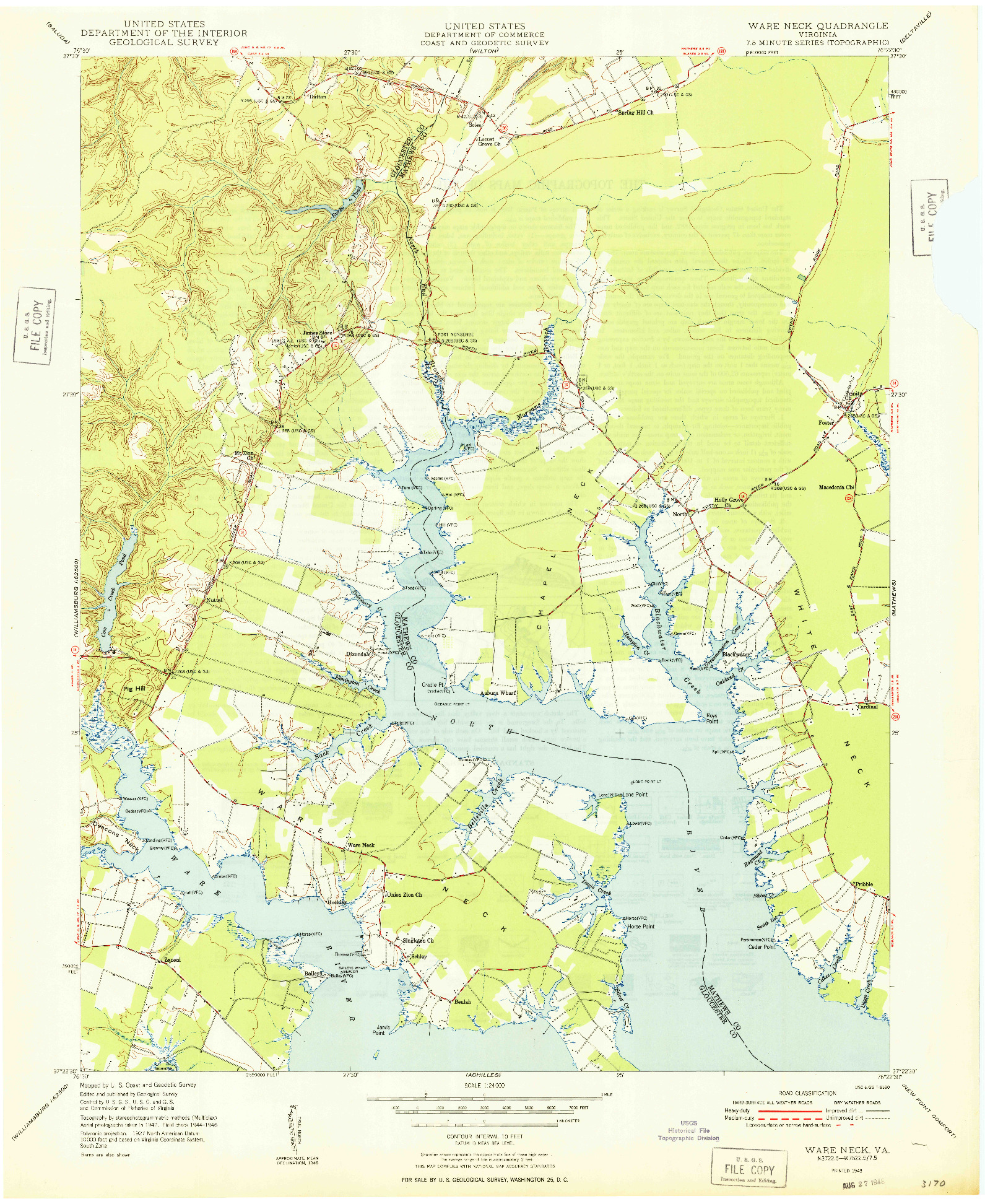 USGS 1:24000-SCALE QUADRANGLE FOR WARE NECK, VA 1948