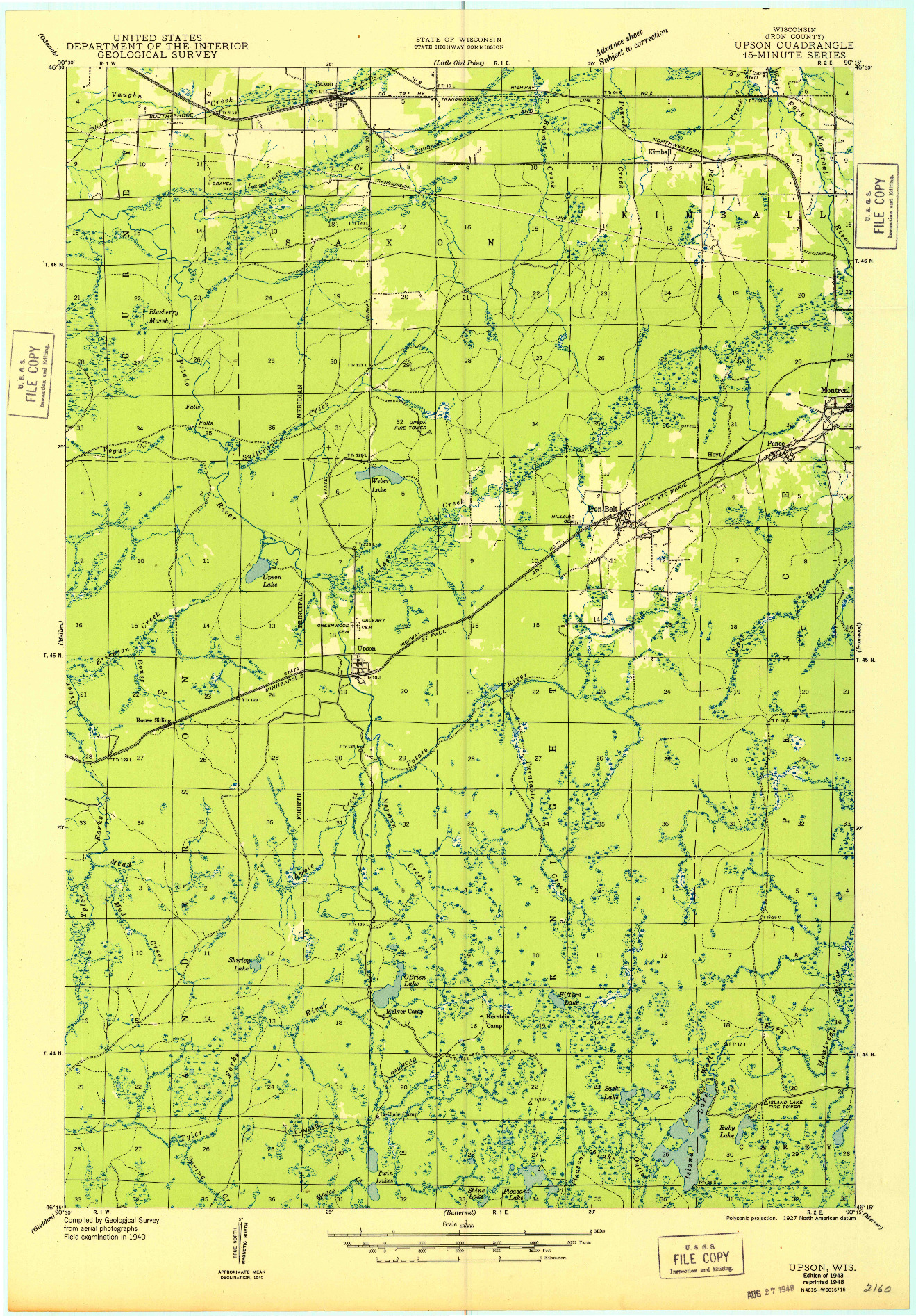 USGS 1:48000-SCALE QUADRANGLE FOR UPSON, WI 1943