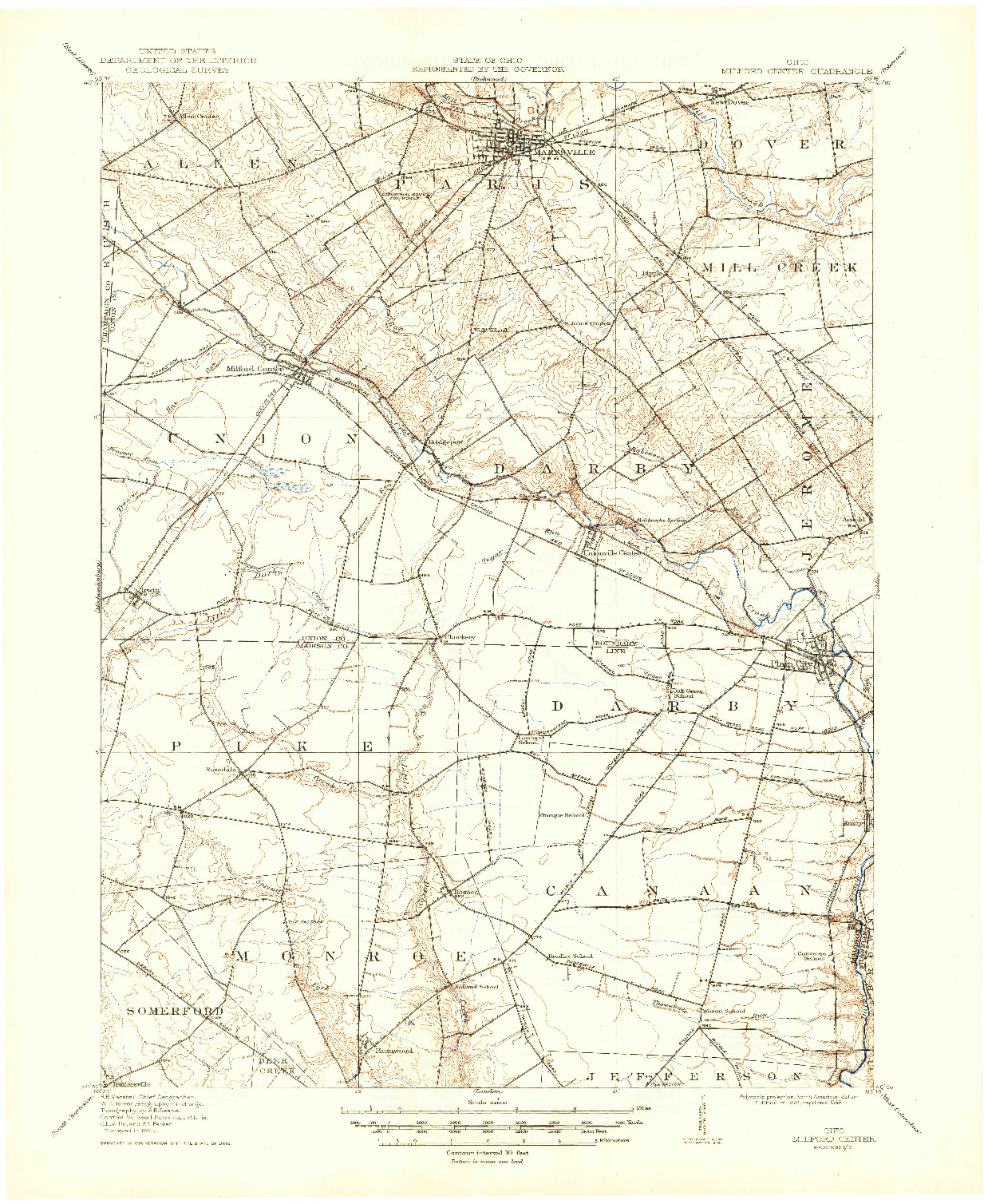 USGS 1:62500-SCALE QUADRANGLE FOR MILFORD CENTER, OH 1916