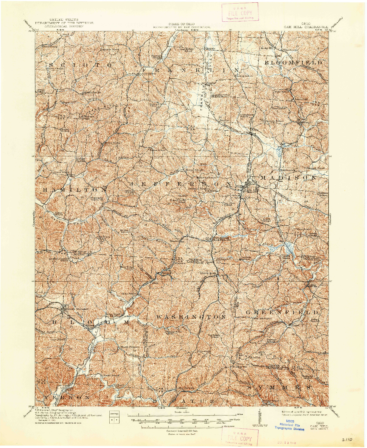 USGS 1:62500-SCALE QUADRANGLE FOR OAK HILL, OH 1912