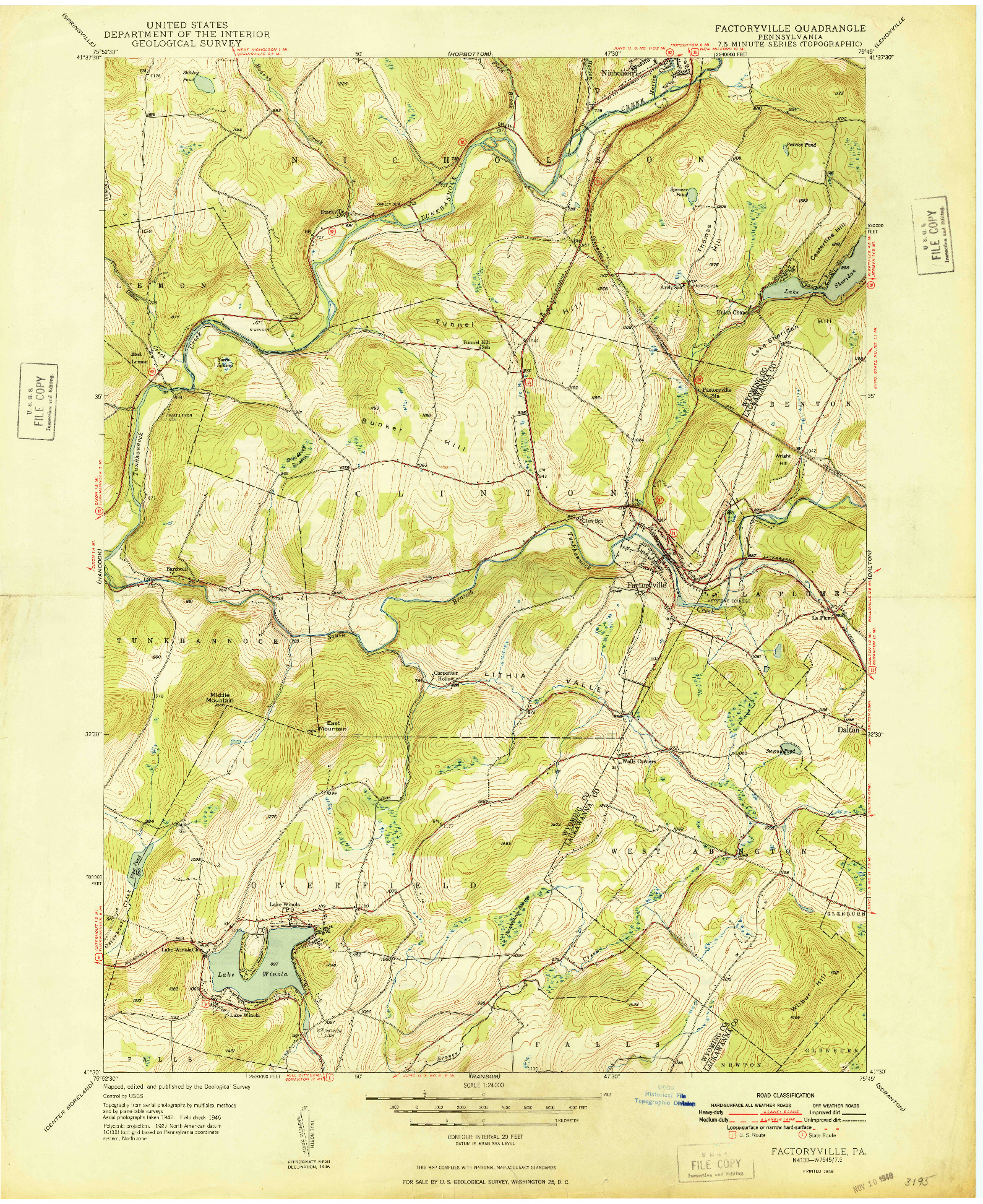 USGS 1:24000-SCALE QUADRANGLE FOR FACTORYVILLE, PA 1948