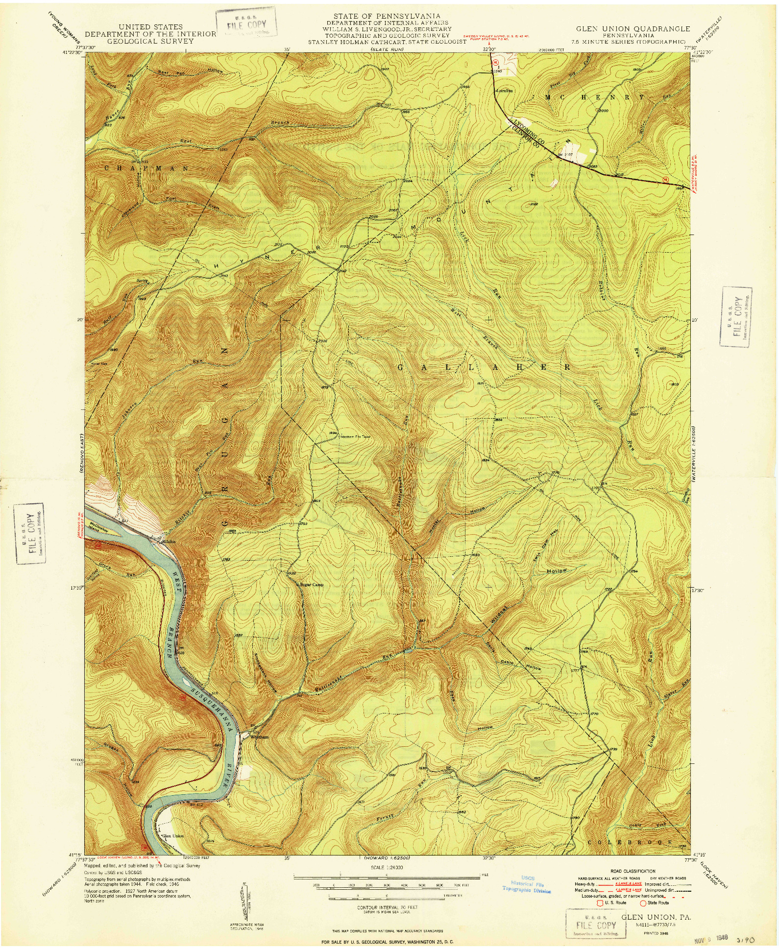 USGS 1:24000-SCALE QUADRANGLE FOR GLEN UNION, PA 1948