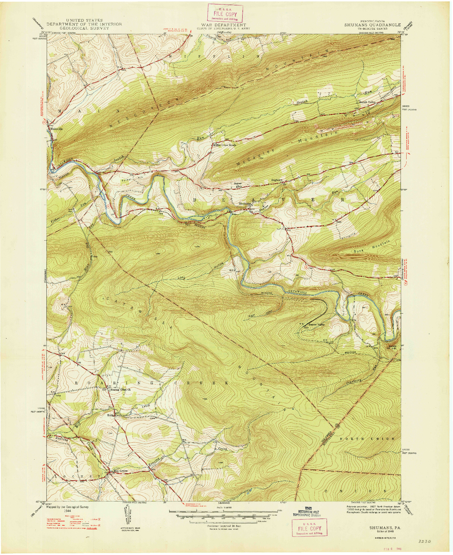 USGS 1:24000-SCALE QUADRANGLE FOR SHUMANS, PA 1948