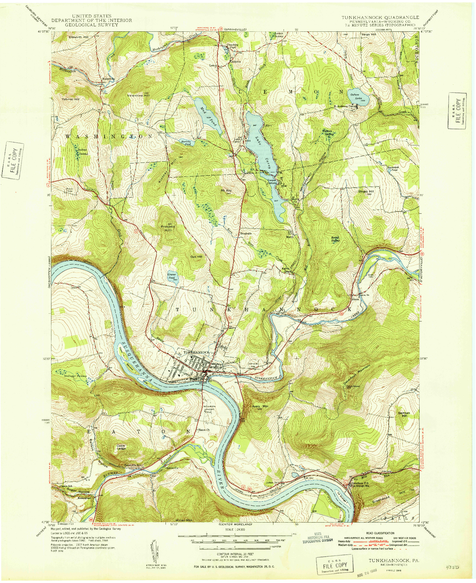 USGS 1:24000-SCALE QUADRANGLE FOR TUNKHANNOCK, PA 1948