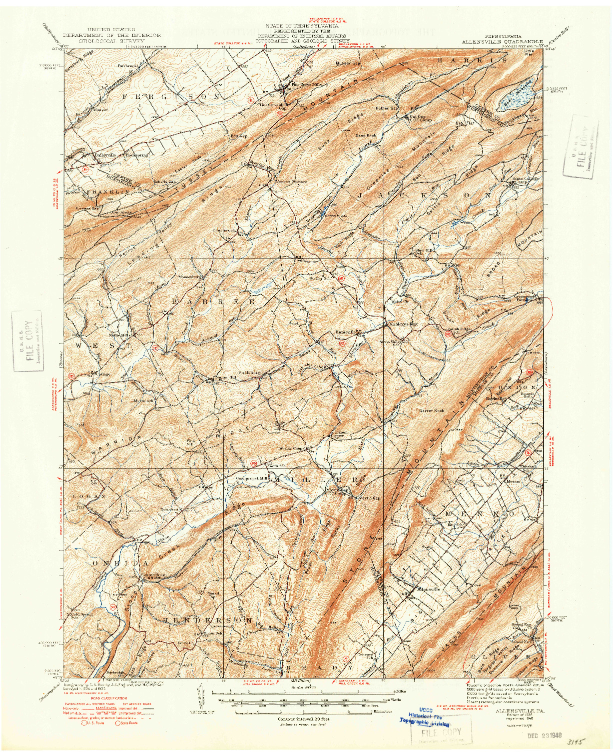 USGS 1:62500-SCALE QUADRANGLE FOR ALLENSVILLE, PA 1938