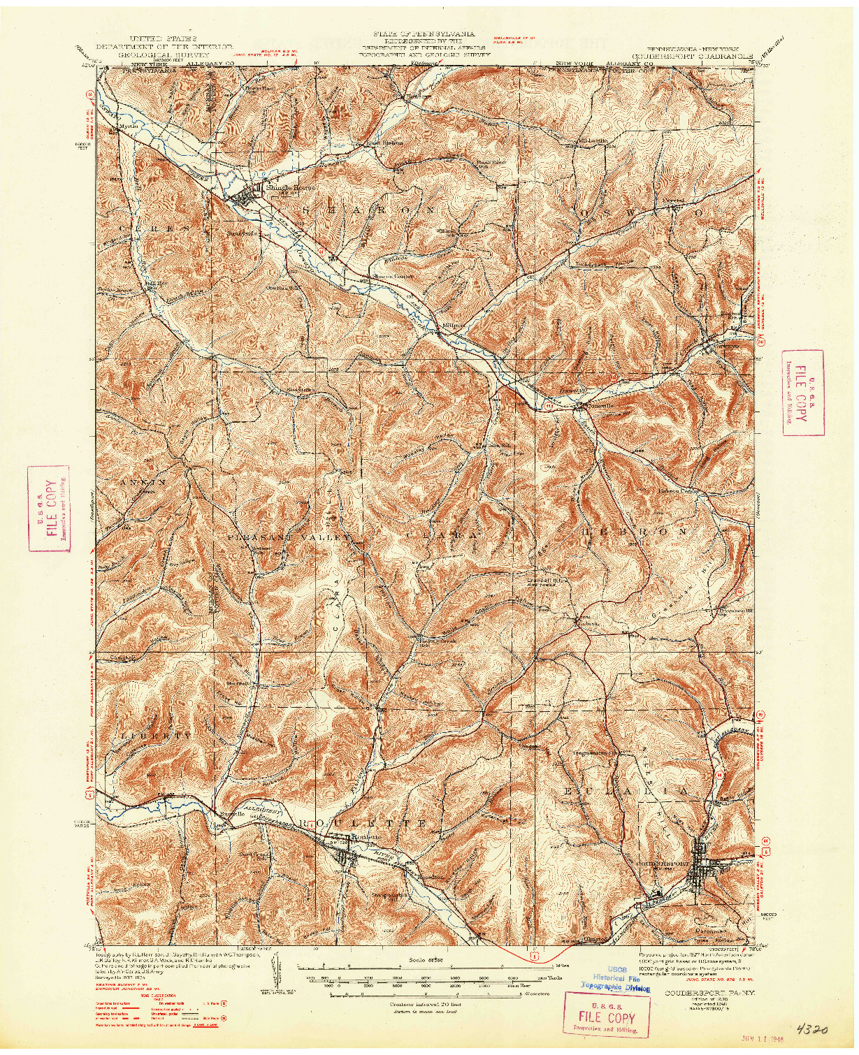 USGS 1:62500-SCALE QUADRANGLE FOR COUDERSPORT, PA 1938